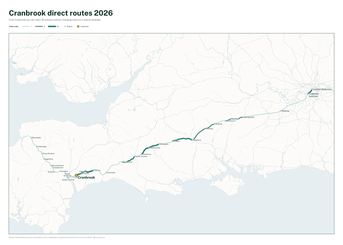 Cranbrook direct routes 2026: a map of every station you can reach from Cranbrook without changing trains, the lines thicker where more trains run
