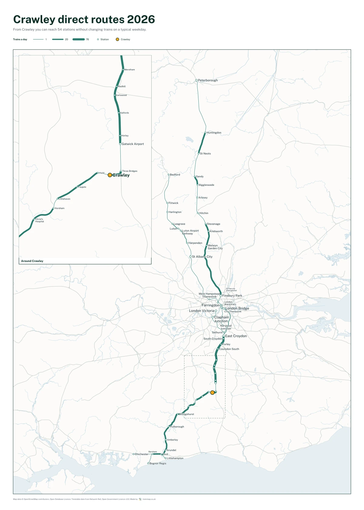 Crawley direct routes 2026: a map of every station you can reach from Crawley without changing trains, the lines thicker where more trains run