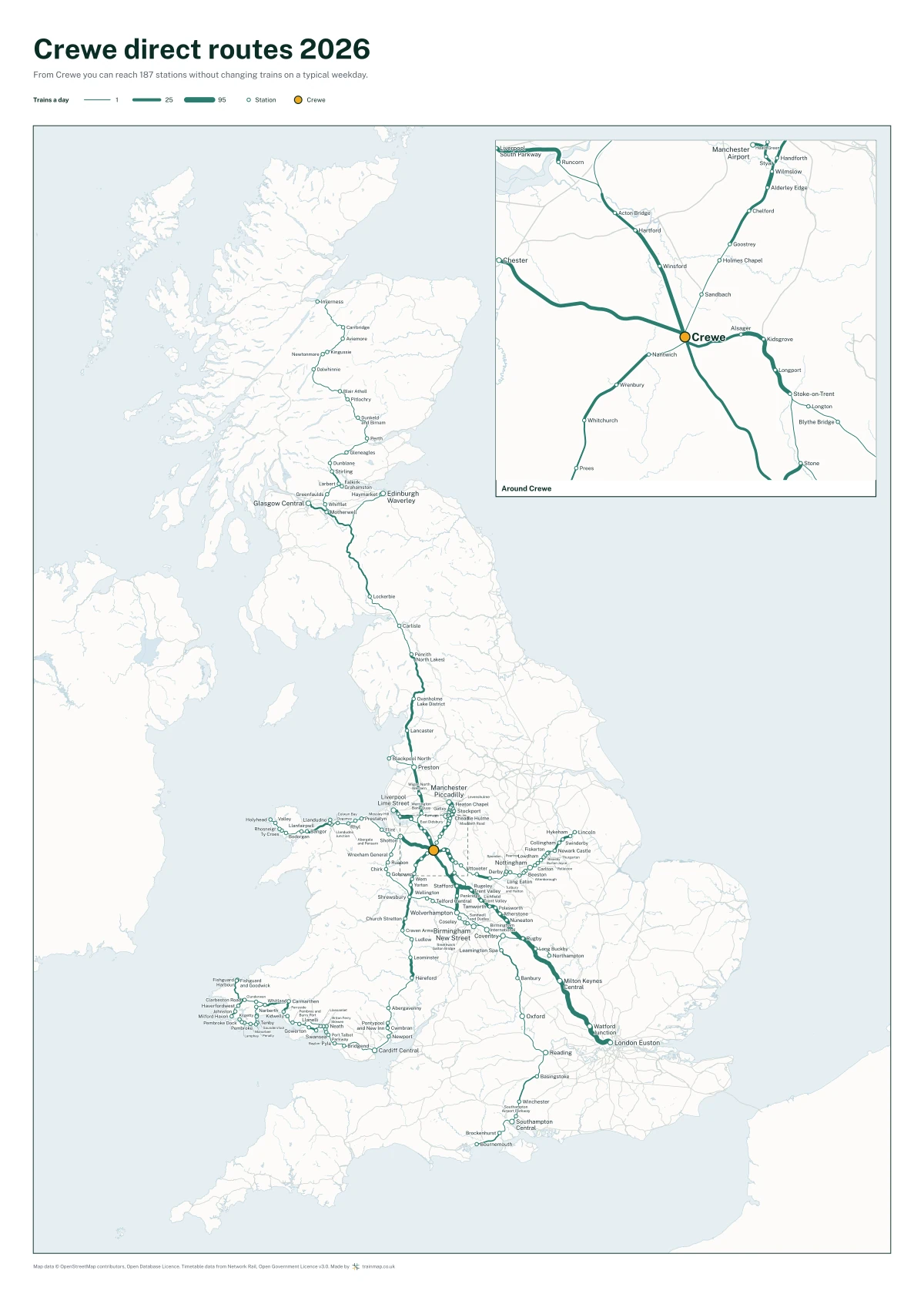 Crewe direct routes 2026: a map of every station you can reach from Crewe without changing trains, the lines thicker where more trains run