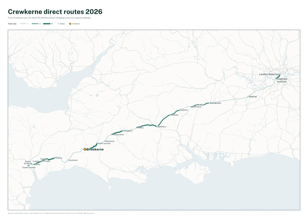 Crewkerne direct routes 2026: a map of every station you can reach from Crewkerne without changing trains, the lines thicker where more trains run