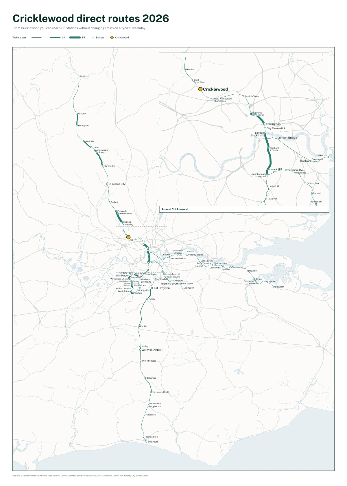 Cricklewood direct routes 2026: a map of every station you can reach from Cricklewood without changing trains, the lines thicker where more trains run