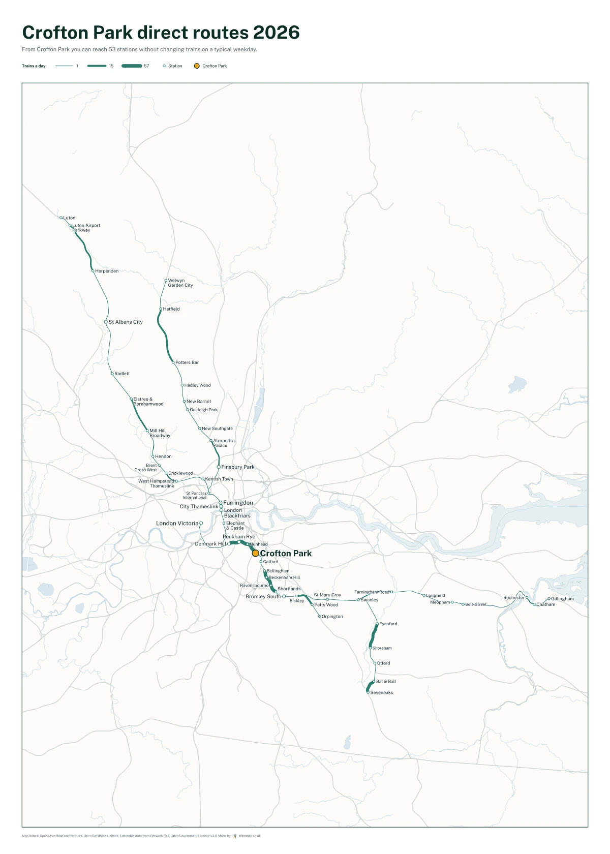 Crofton Park direct routes 2026: a map of every station you can reach from Crofton Park without changing trains, the lines thicker where more trains run