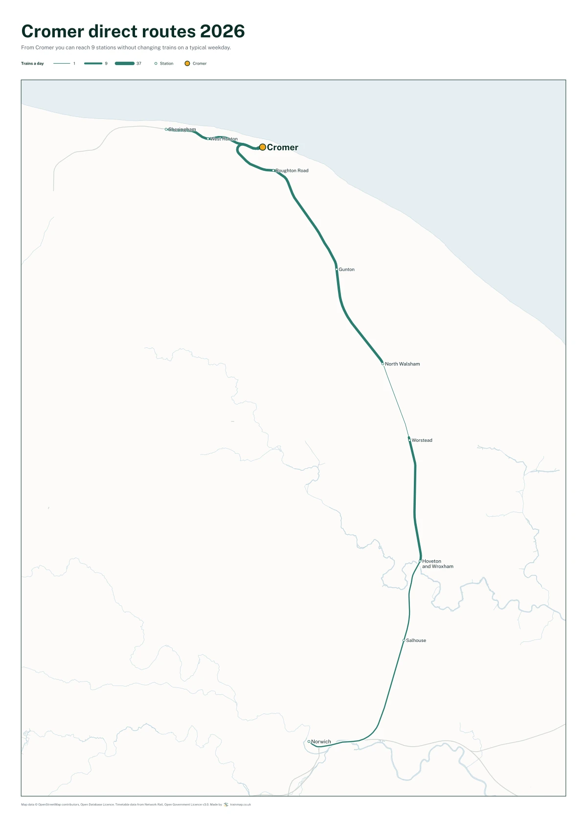 Cromer direct routes 2026: a map of every station you can reach from Cromer without changing trains, the lines thicker where more trains run
