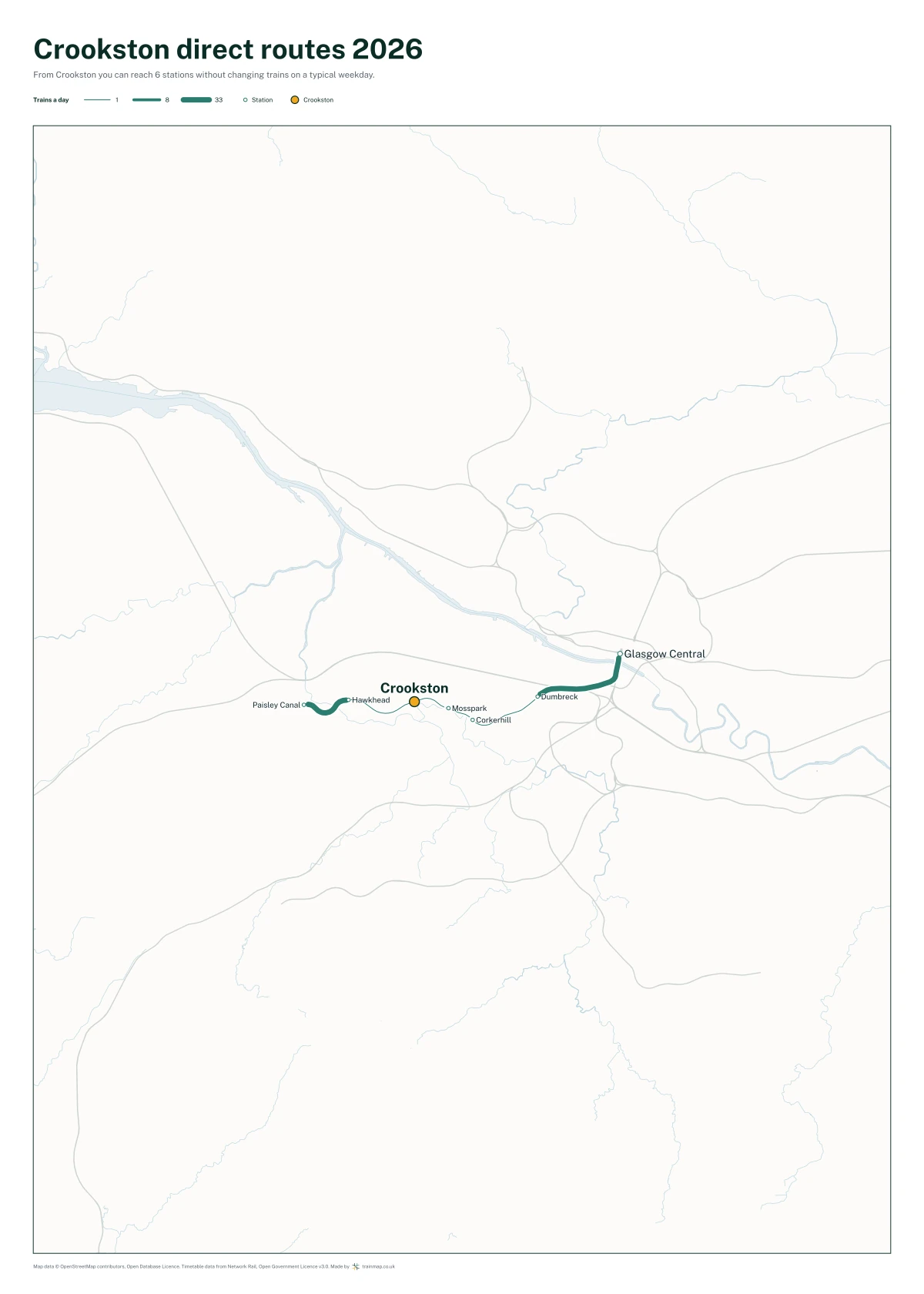 Crookston direct routes 2026: a map of every station you can reach from Crookston without changing trains, the lines thicker where more trains run