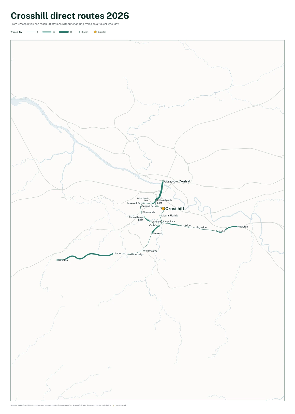 Crosshill direct routes 2026: a map of every station you can reach from Crosshill without changing trains, the lines thicker where more trains run