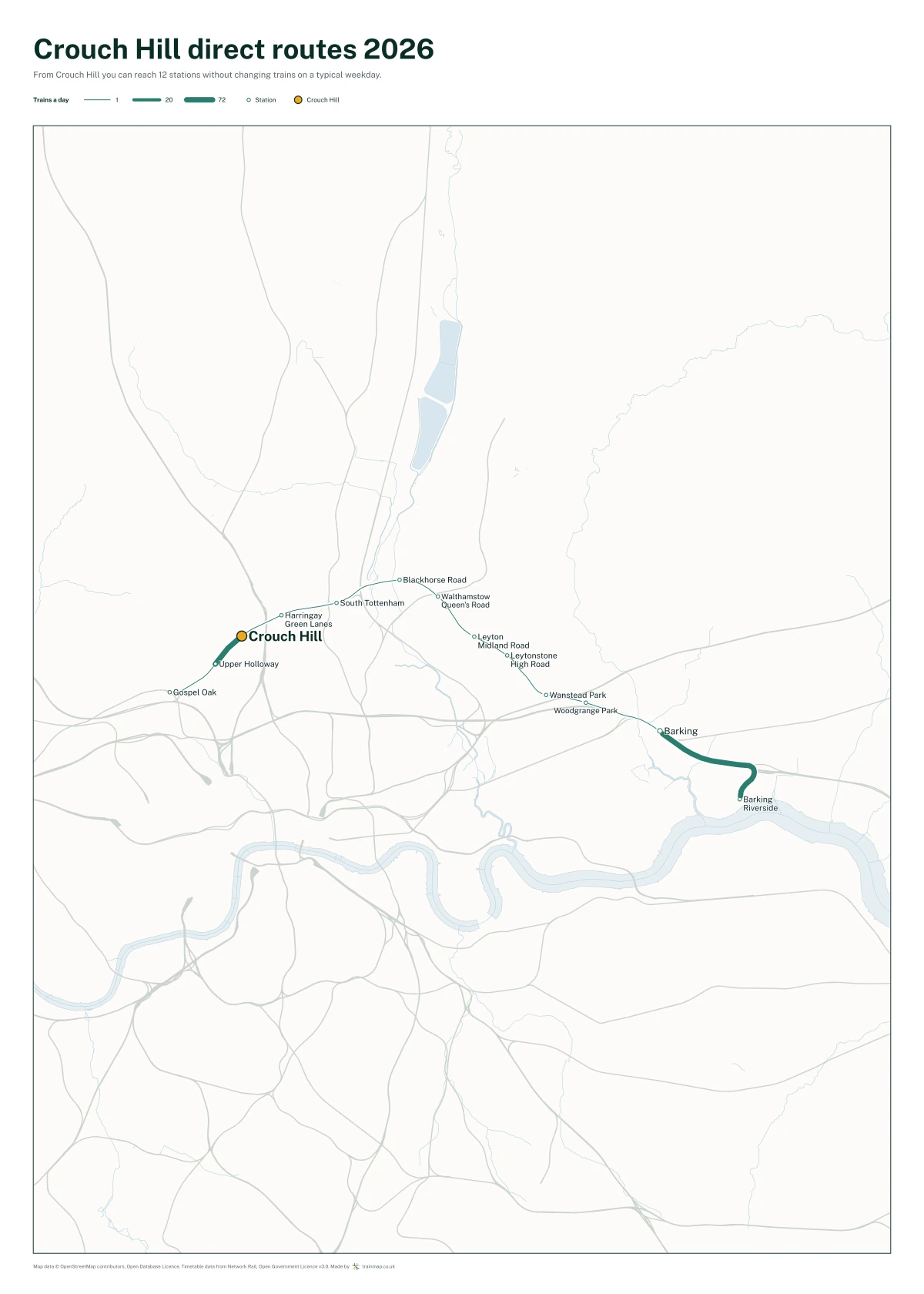 Crouch Hill direct routes 2026: a map of every station you can reach from Crouch Hill without changing trains, the lines thicker where more trains run