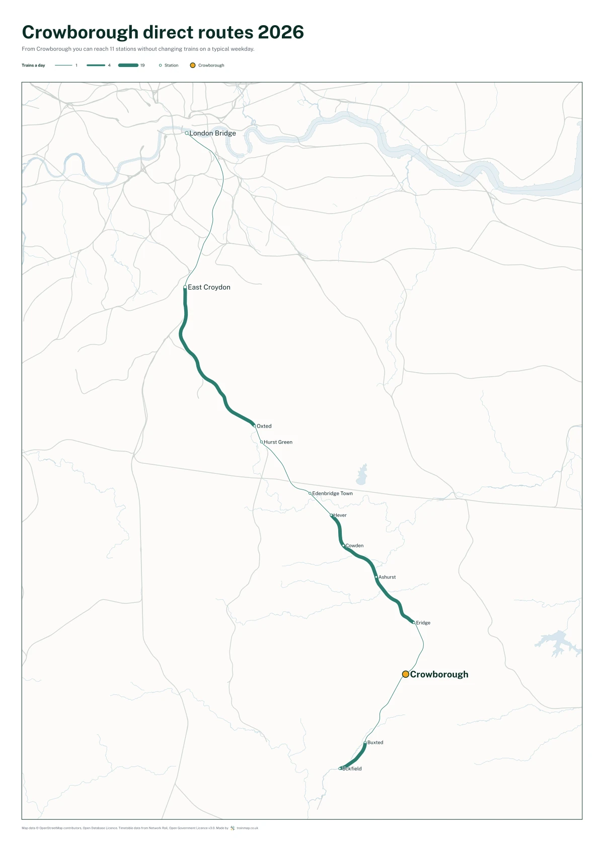 Crowborough direct routes 2026: a map of every station you can reach from Crowborough without changing trains, the lines thicker where more trains run
