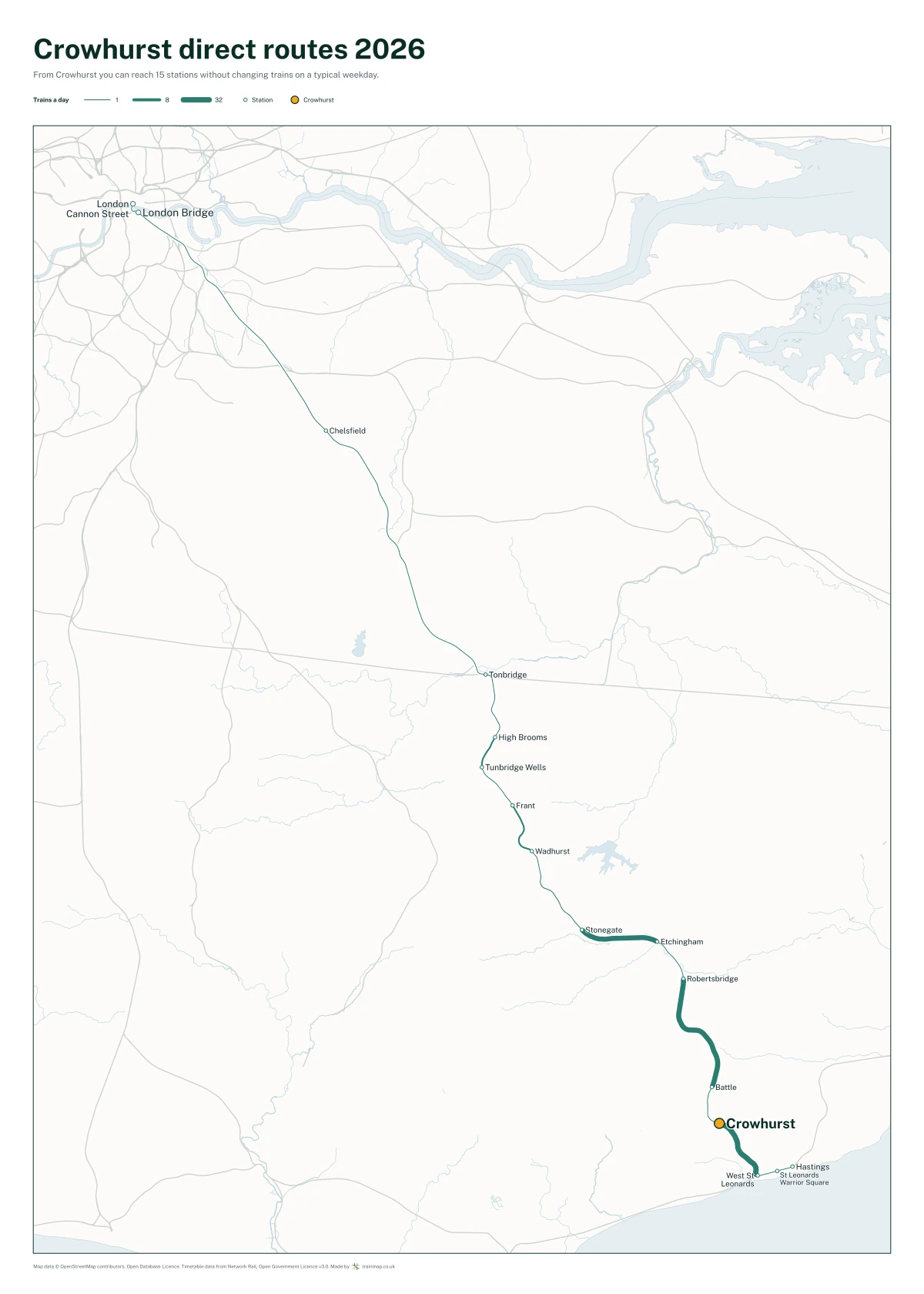 Crowhurst direct routes 2026: a map of every station you can reach from Crowhurst without changing trains, the lines thicker where more trains run