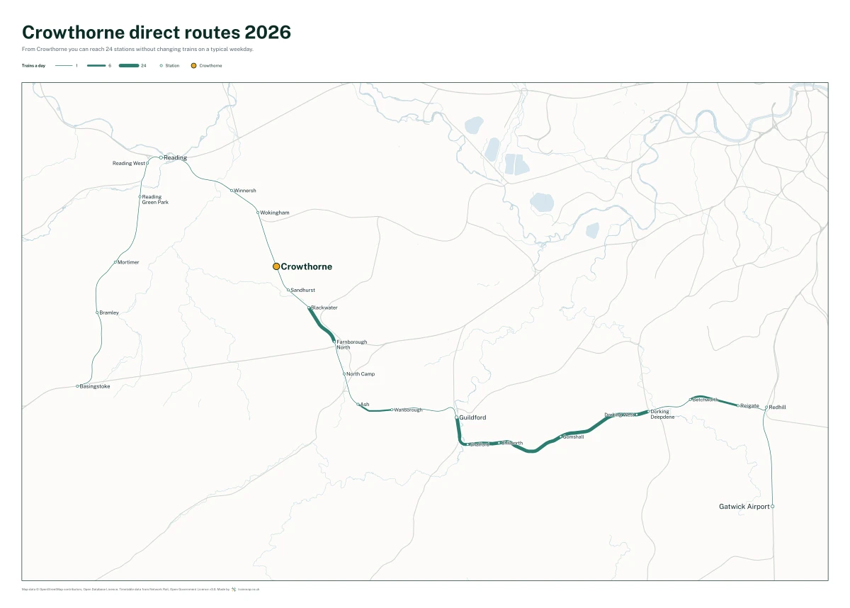 Crowthorne direct routes 2026: a map of every station you can reach from Crowthorne without changing trains, the lines thicker where more trains run