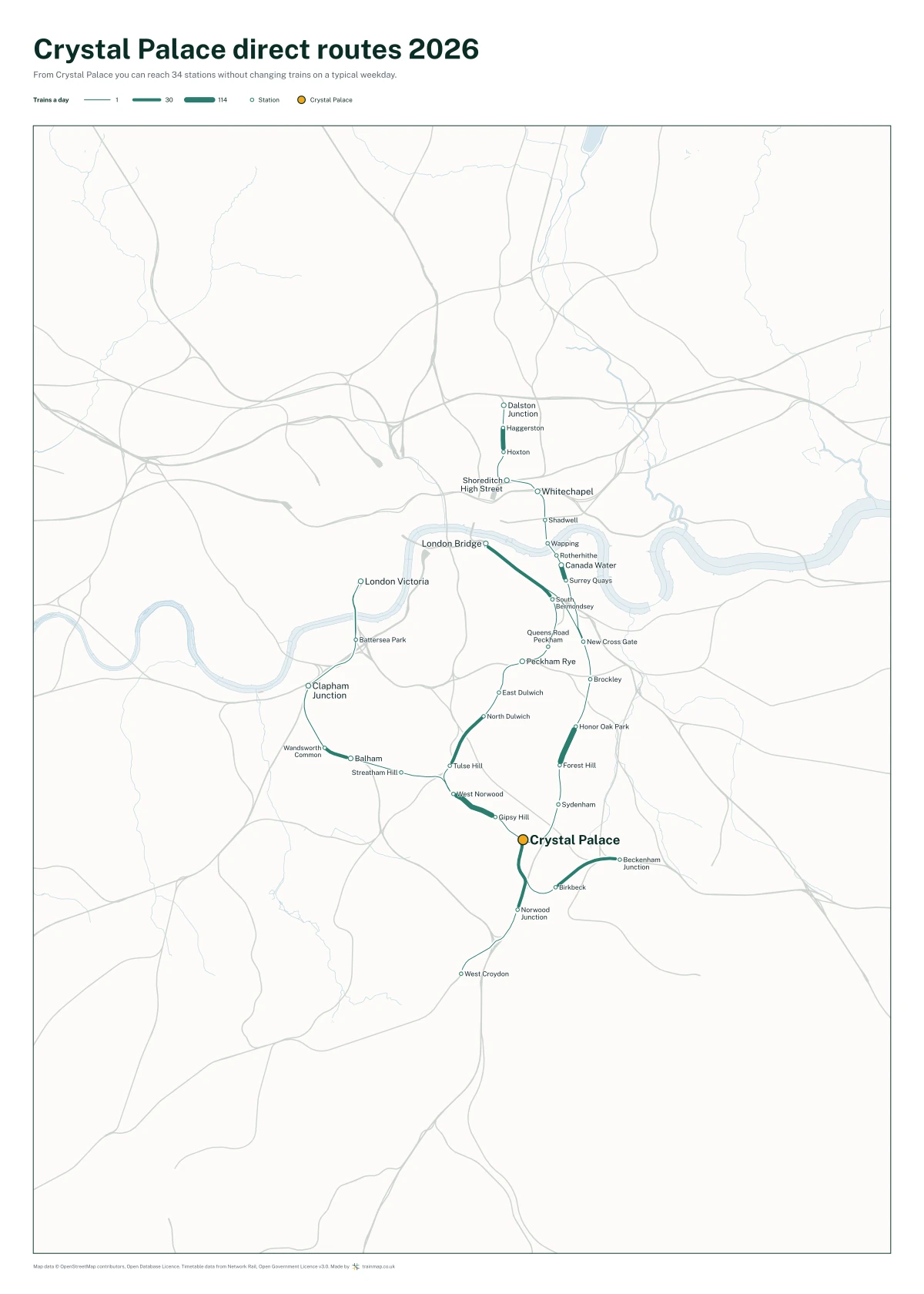 Crystal Palace direct routes 2026: a map of every station you can reach from Crystal Palace without changing trains, the lines thicker where more trains run