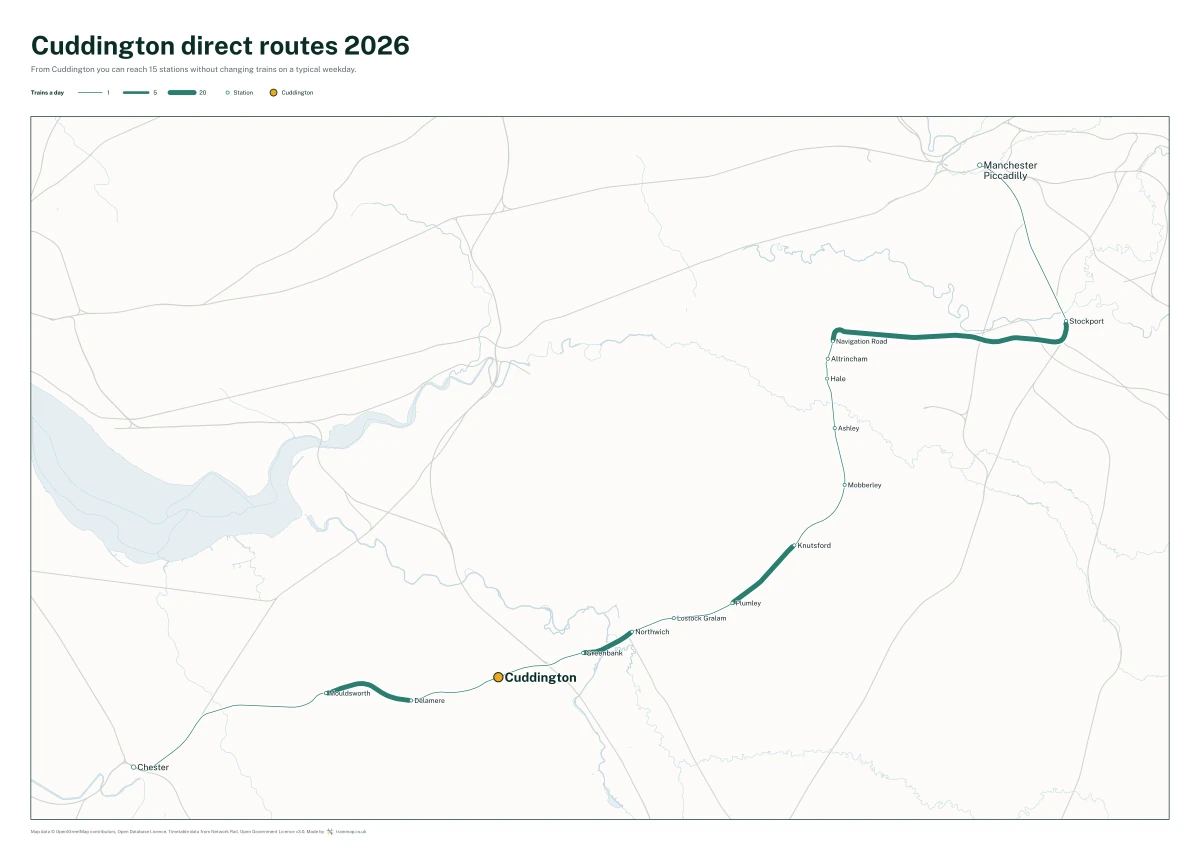 Cuddington direct routes 2026: a map of every station you can reach from Cuddington without changing trains, the lines thicker where more trains run