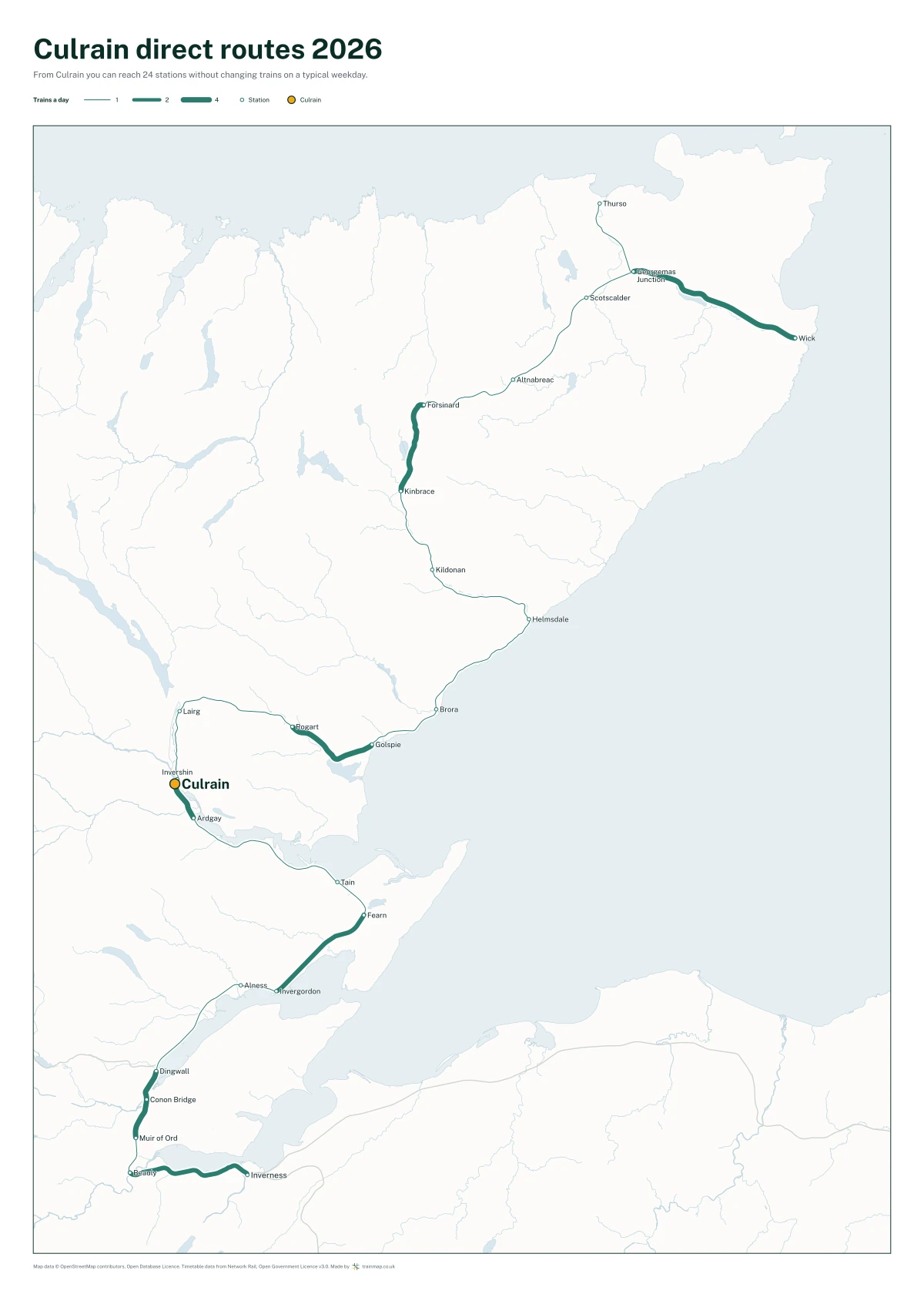 Culrain direct routes 2026: a map of every station you can reach from Culrain without changing trains, the lines thicker where more trains run