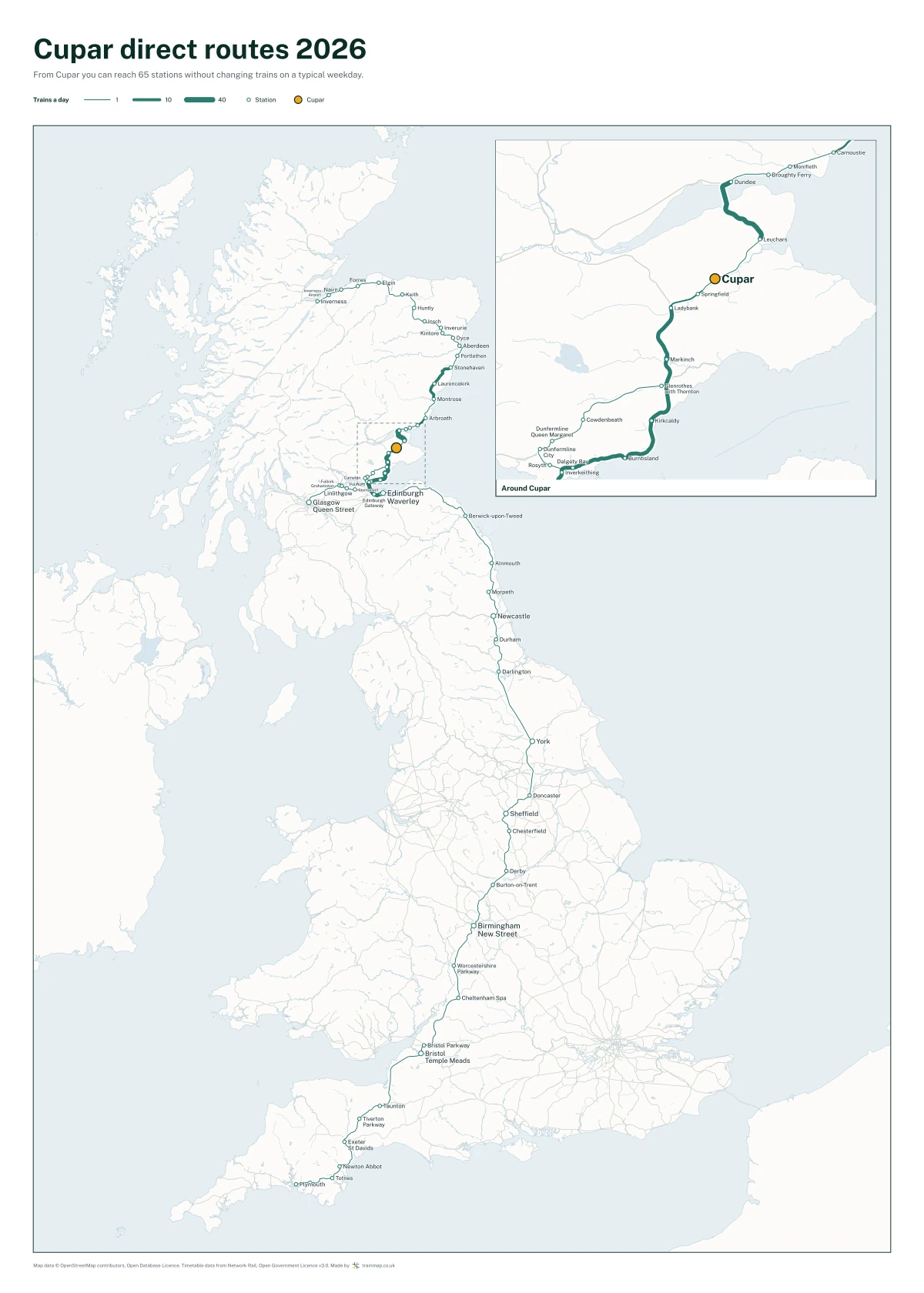 Cupar direct routes 2026: a map of every station you can reach from Cupar without changing trains, the lines thicker where more trains run