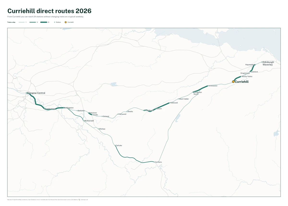 Curriehill direct routes 2026: a map of every station you can reach from Curriehill without changing trains, the lines thicker where more trains run