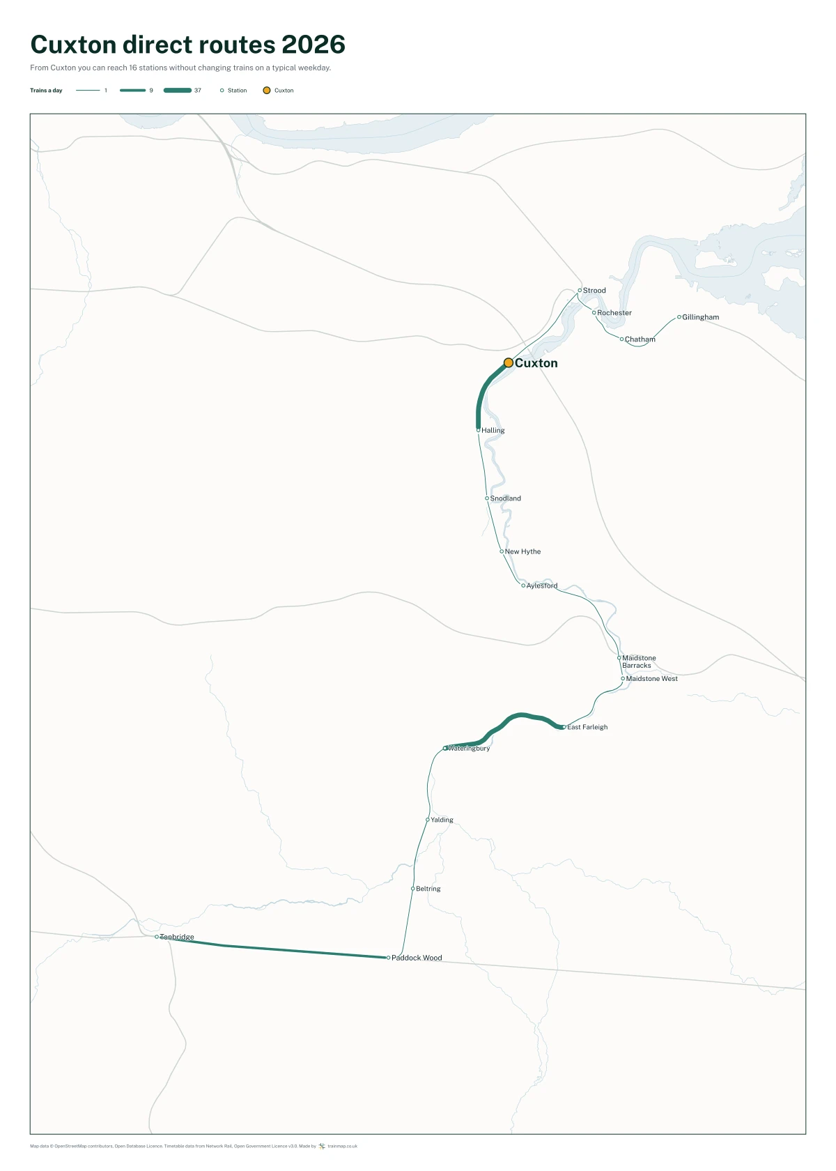 Cuxton direct routes 2026: a map of every station you can reach from Cuxton without changing trains, the lines thicker where more trains run