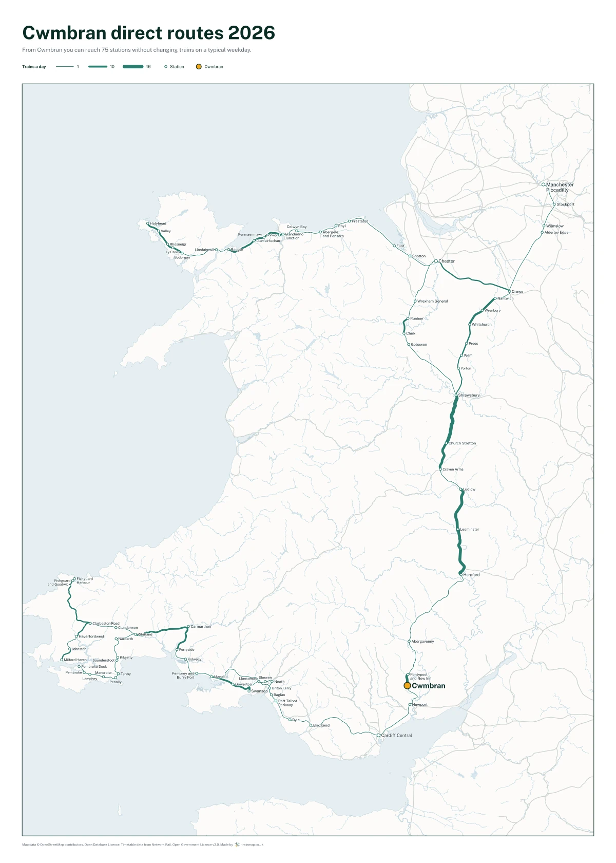 Cwmbran direct routes 2026: a map of every station you can reach from Cwmbran without changing trains, the lines thicker where more trains run