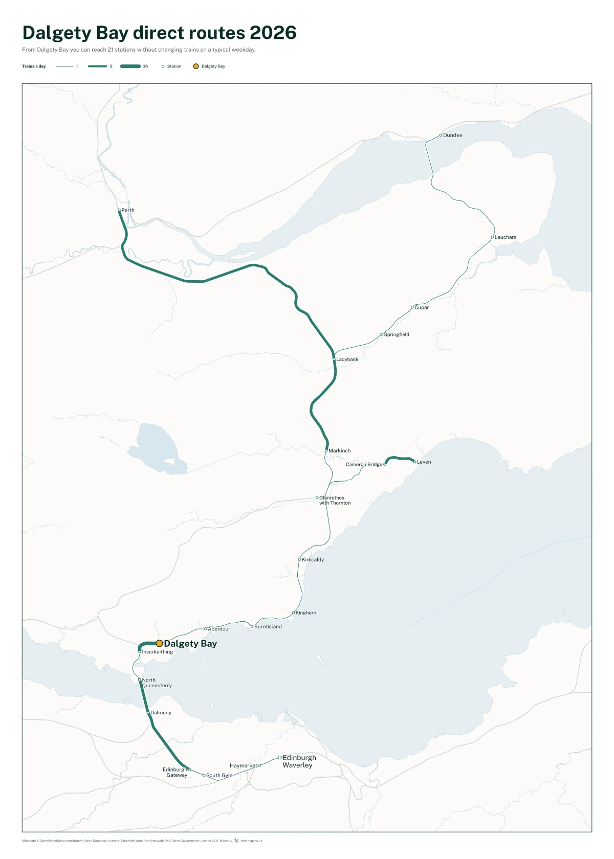 Dalgety Bay direct routes 2026: a map of every station you can reach from Dalgety Bay without changing trains, the lines thicker where more trains run