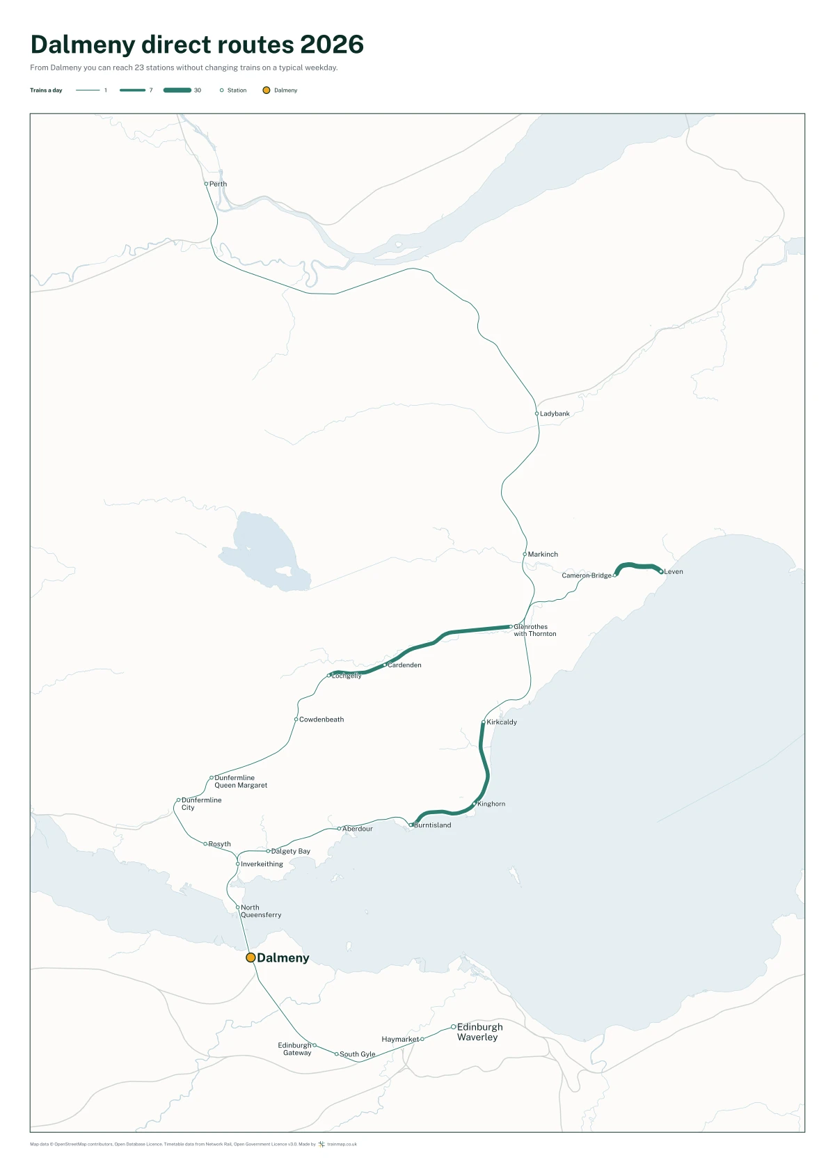 Dalmeny direct routes 2026: a map of every station you can reach from Dalmeny without changing trains, the lines thicker where more trains run