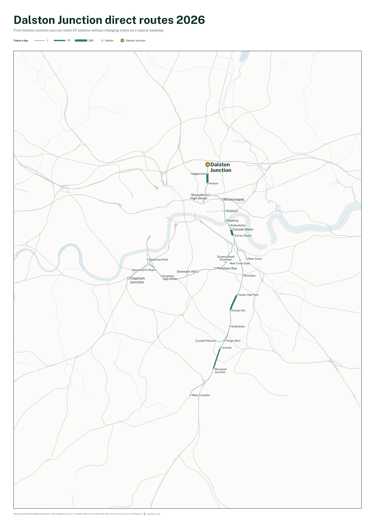 Dalston Junction direct routes 2026: a map of every station you can reach from Dalston Junction without changing trains, the lines thicker where more trains run
