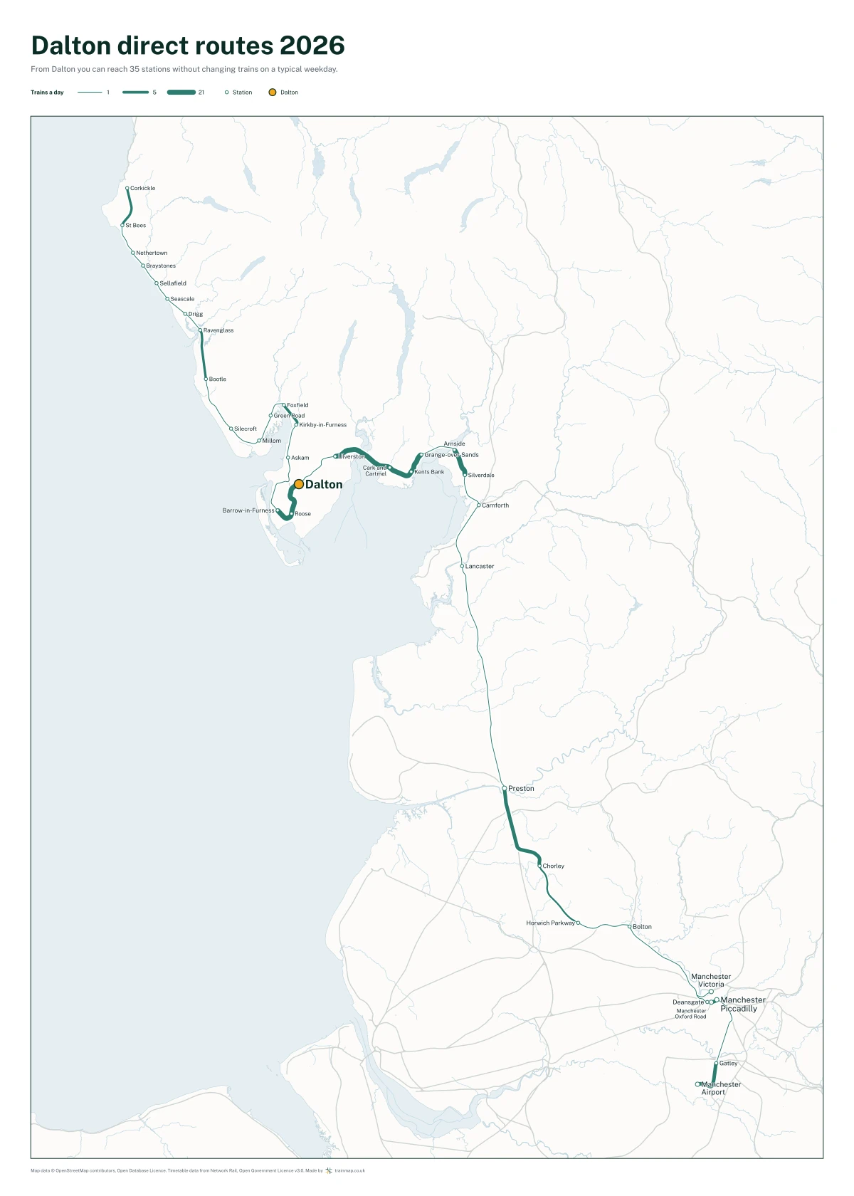 Dalton direct routes 2026: a map of every station you can reach from Dalton without changing trains, the lines thicker where more trains run
