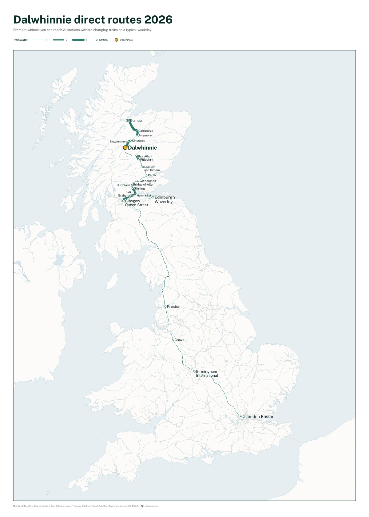 Dalwhinnie direct routes 2026: a map of every station you can reach from Dalwhinnie without changing trains, the lines thicker where more trains run