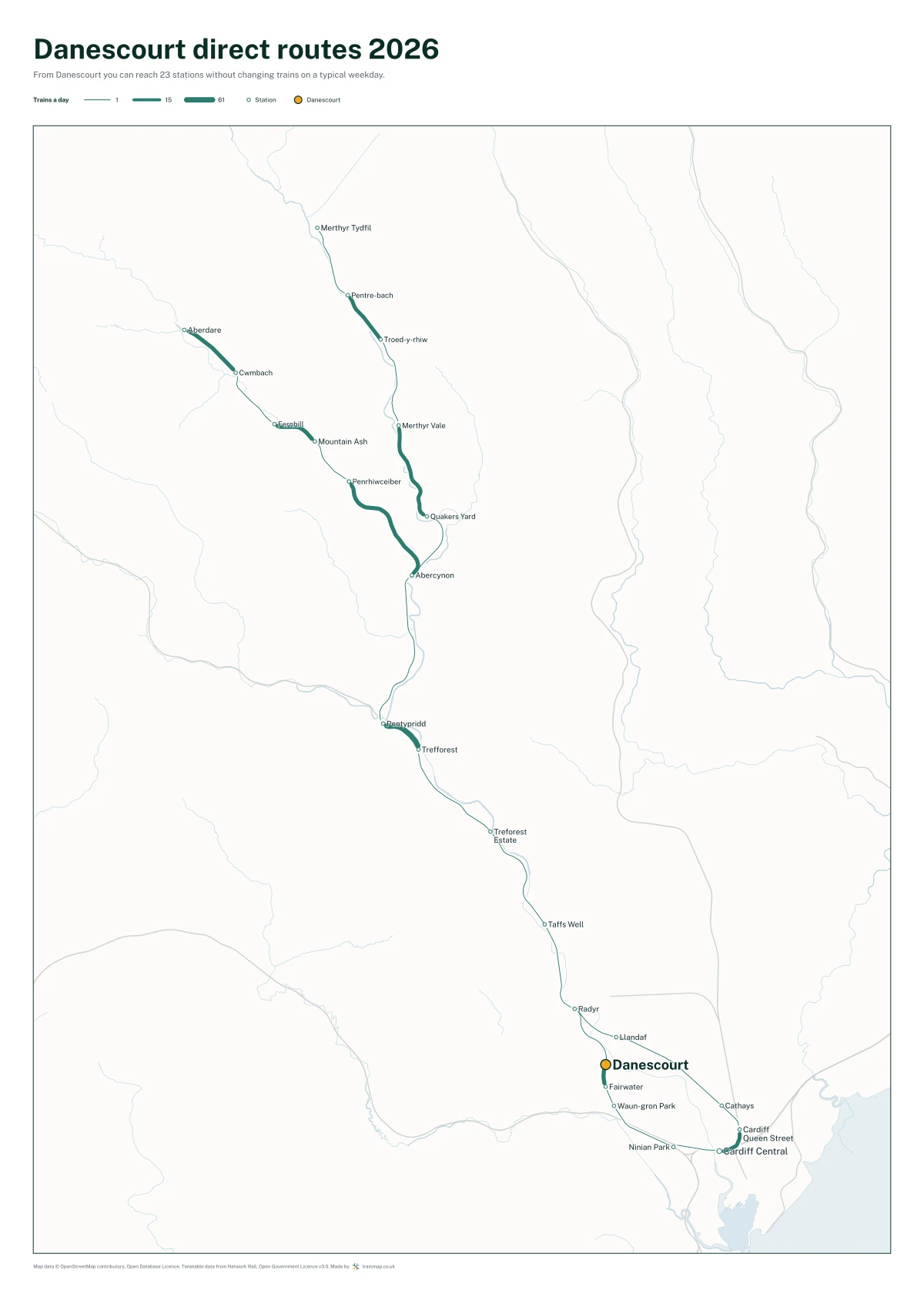 Danescourt direct routes 2026: a map of every station you can reach from Danescourt without changing trains, the lines thicker where more trains run