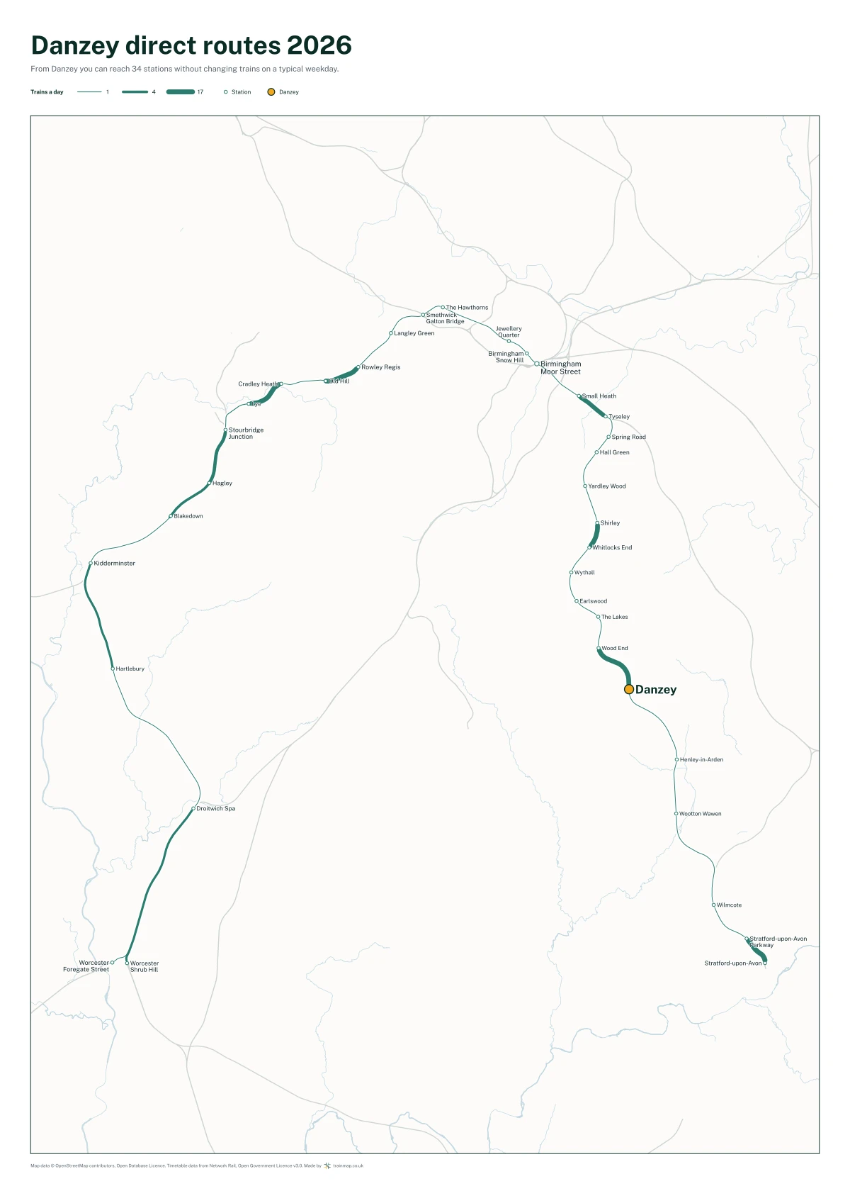 Danzey direct routes 2026: a map of every station you can reach from Danzey without changing trains, the lines thicker where more trains run