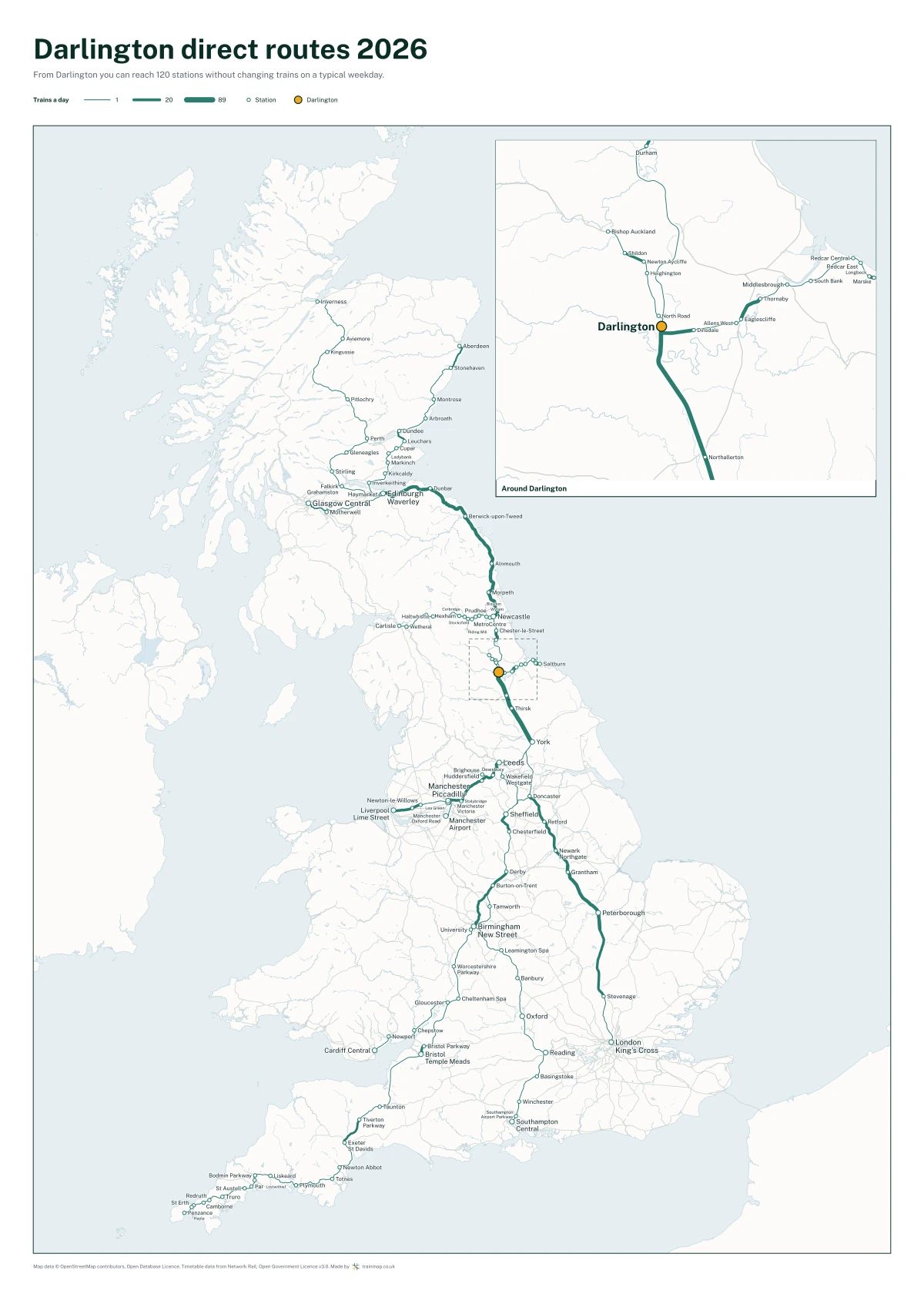Darlington direct routes 2026: a map of every station you can reach from Darlington without changing trains, the lines thicker where more trains run