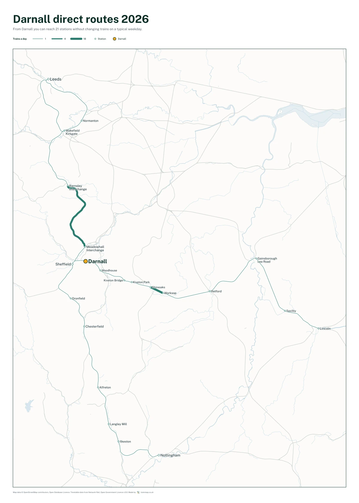 Darnall direct routes 2026: a map of every station you can reach from Darnall without changing trains, the lines thicker where more trains run