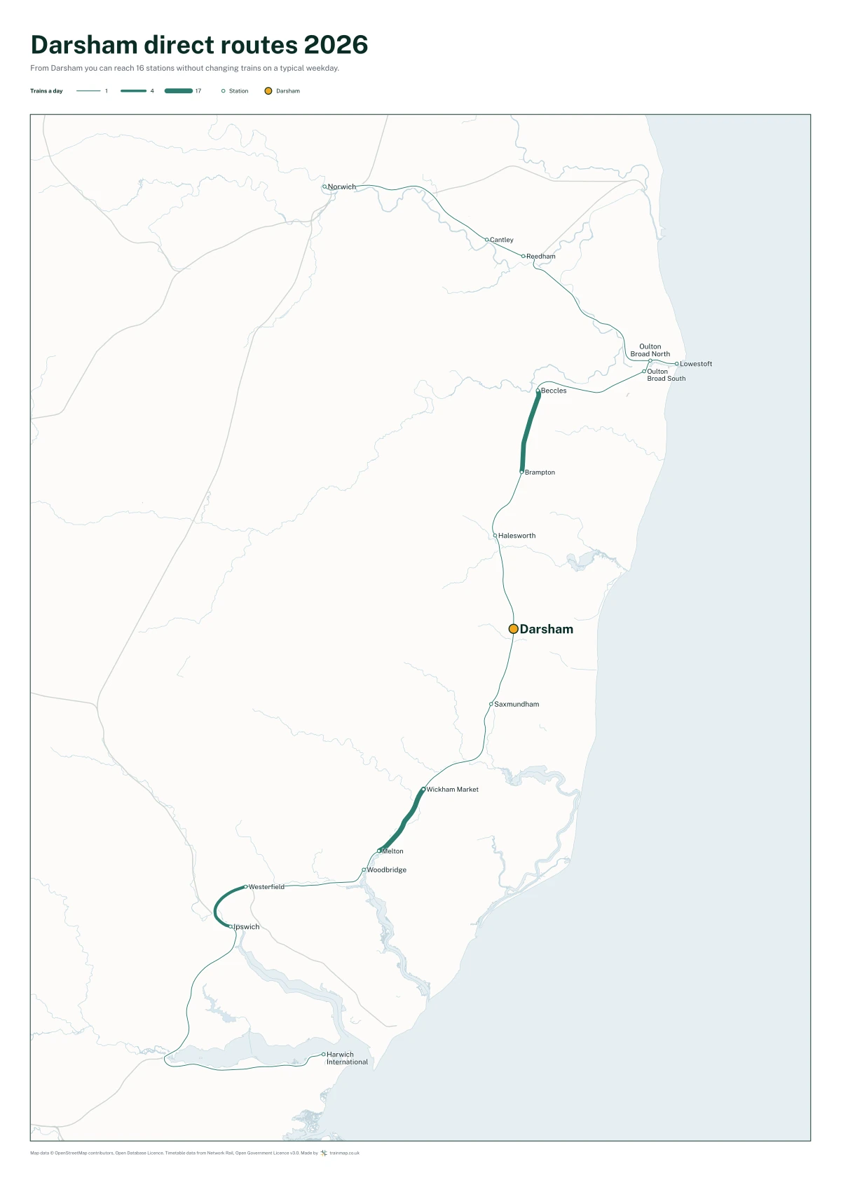 Darsham direct routes 2026: a map of every station you can reach from Darsham without changing trains, the lines thicker where more trains run