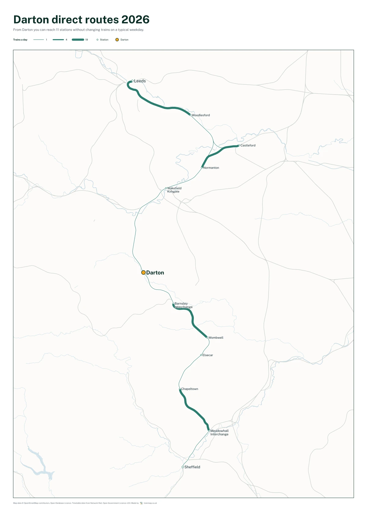 Darton direct routes 2026: a map of every station you can reach from Darton without changing trains, the lines thicker where more trains run