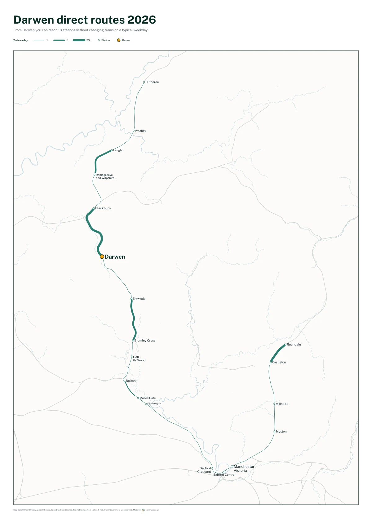 Darwen direct routes 2026: a map of every station you can reach from Darwen without changing trains, the lines thicker where more trains run