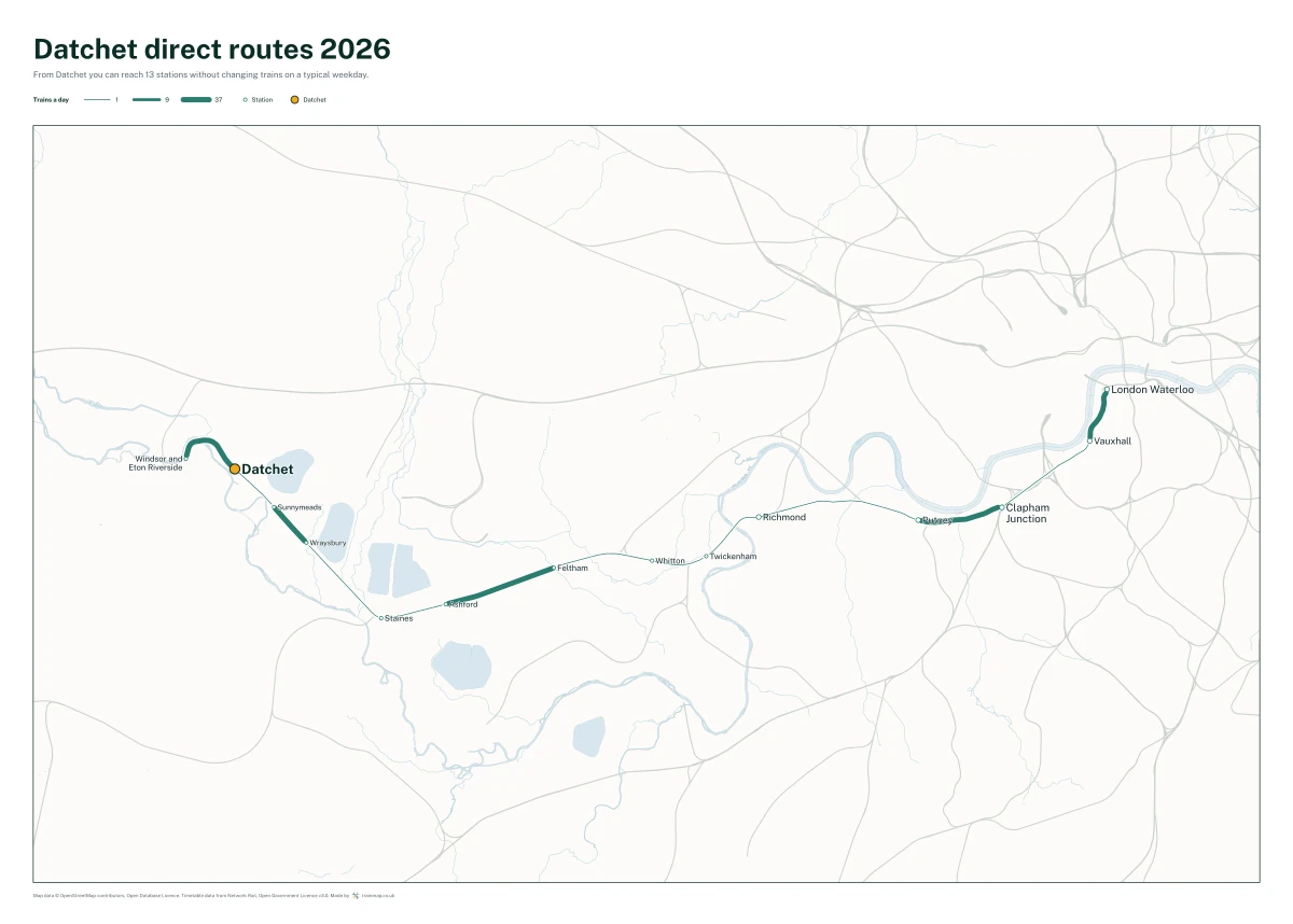 Datchet direct routes 2026: a map of every station you can reach from Datchet without changing trains, the lines thicker where more trains run