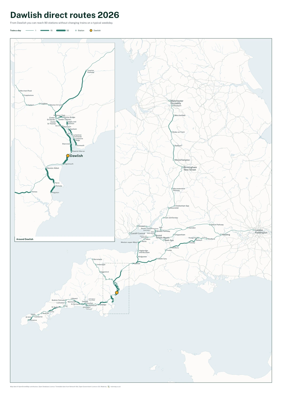 Dawlish direct routes 2026: a map of every station you can reach from Dawlish without changing trains, the lines thicker where more trains run