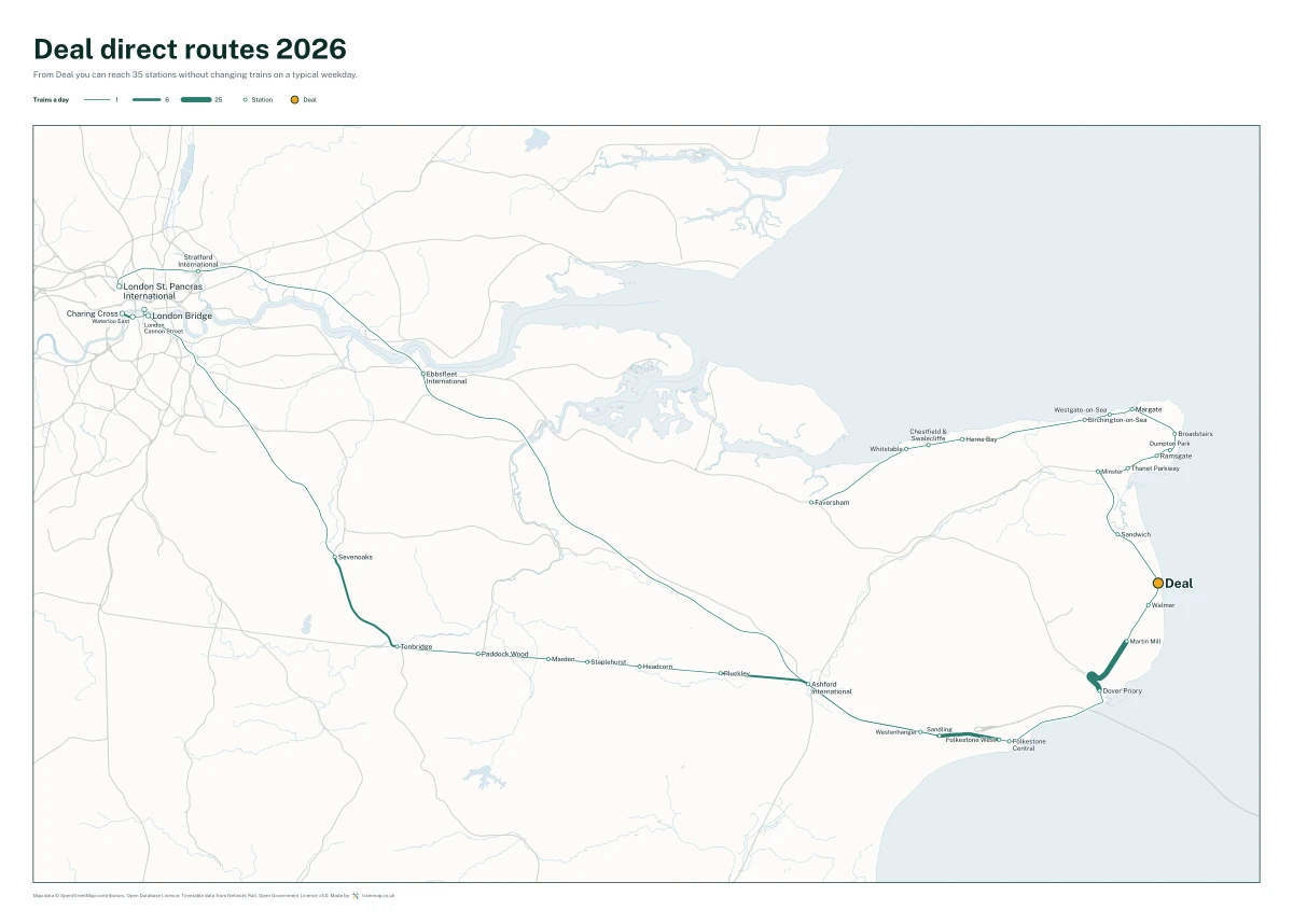 Deal direct routes 2026: a map of every station you can reach from Deal without changing trains, the lines thicker where more trains run