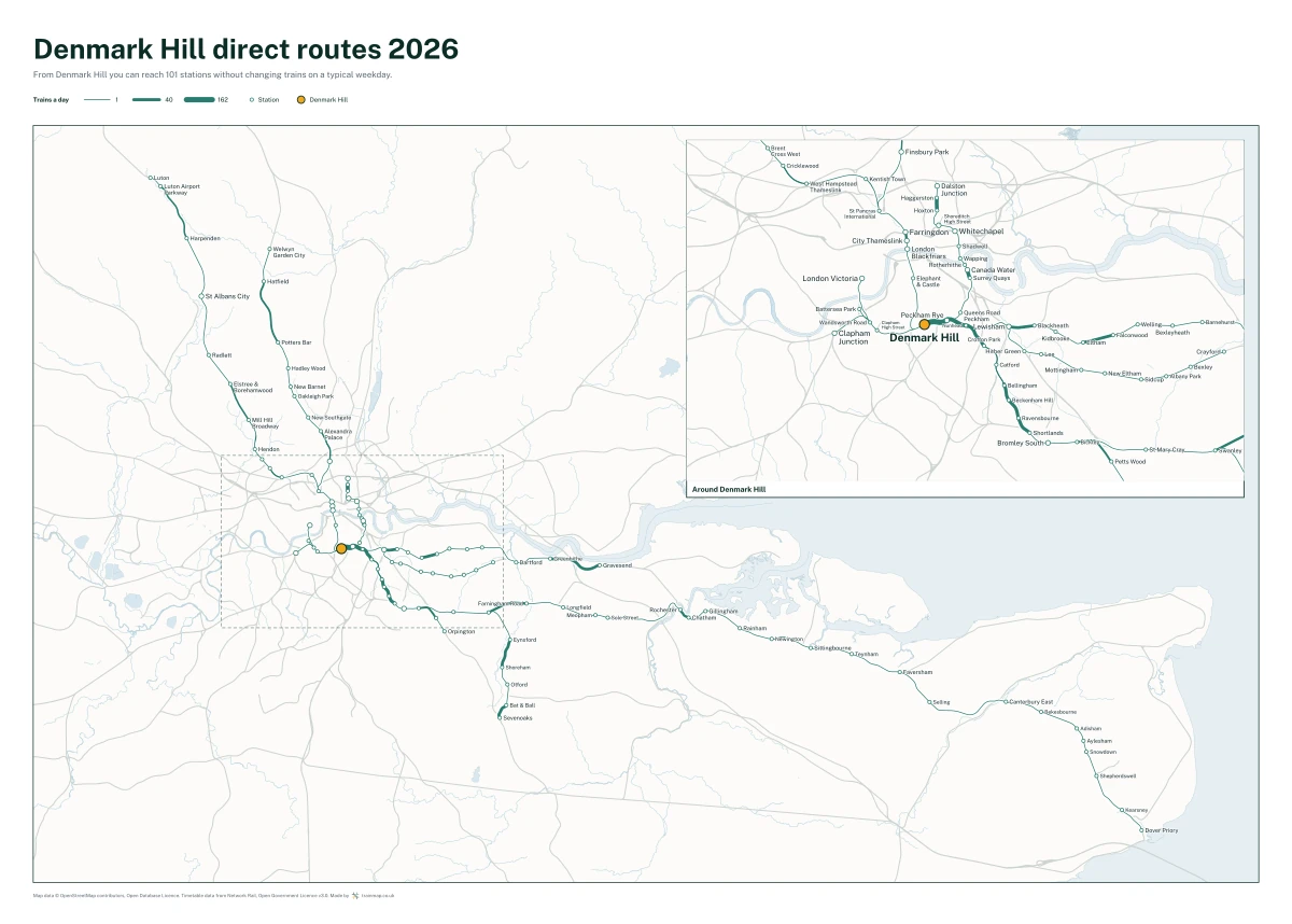 Denmark Hill direct routes 2026: a map of every station you can reach from Denmark Hill without changing trains, the lines thicker where more trains run