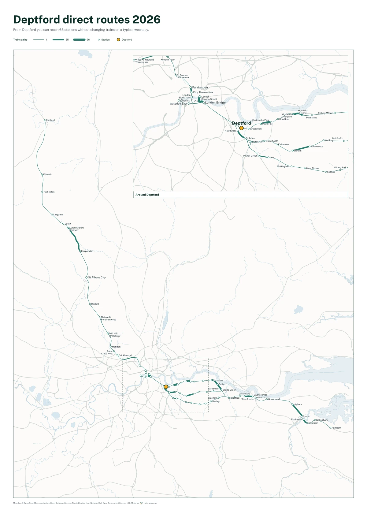 Deptford direct routes 2026: a map of every station you can reach from Deptford without changing trains, the lines thicker where more trains run