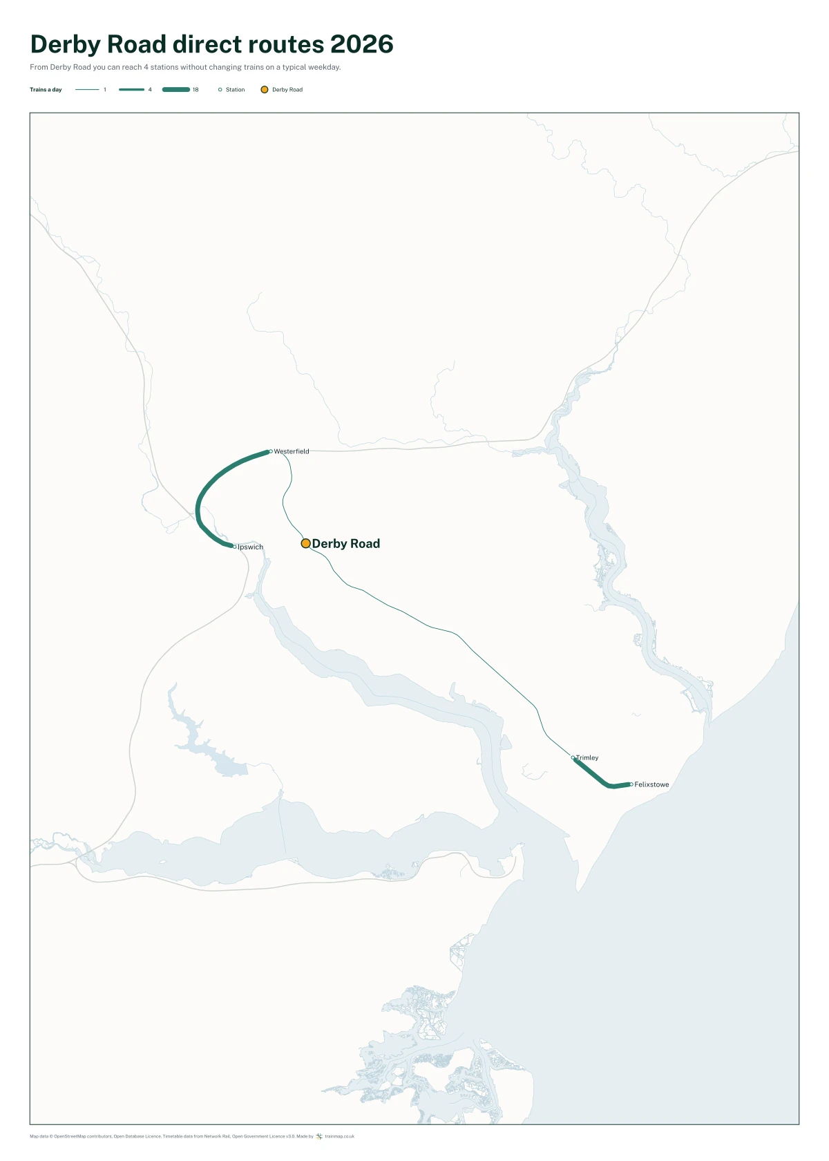Derby Road direct routes 2026: a map of every station you can reach from Derby Road without changing trains, the lines thicker where more trains run
