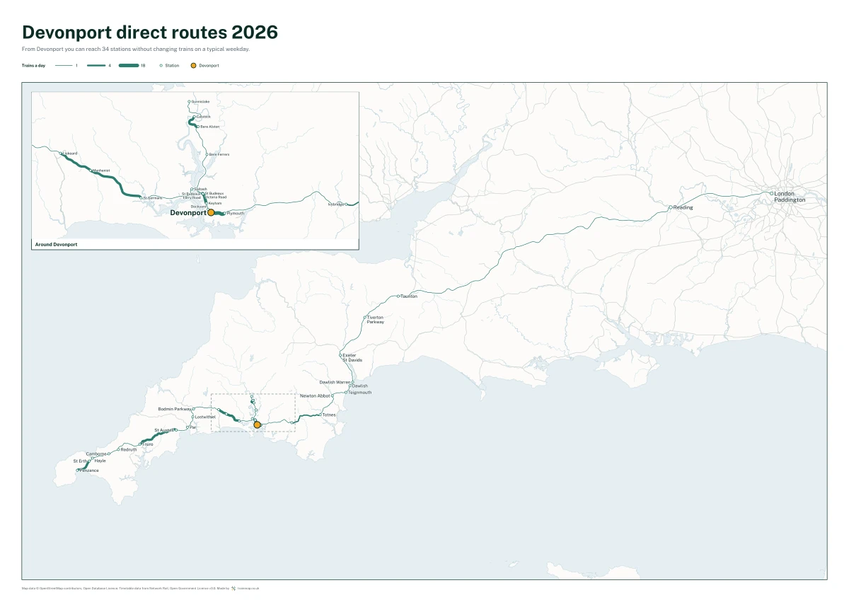Devonport direct routes 2026: a map of every station you can reach from Devonport without changing trains, the lines thicker where more trains run