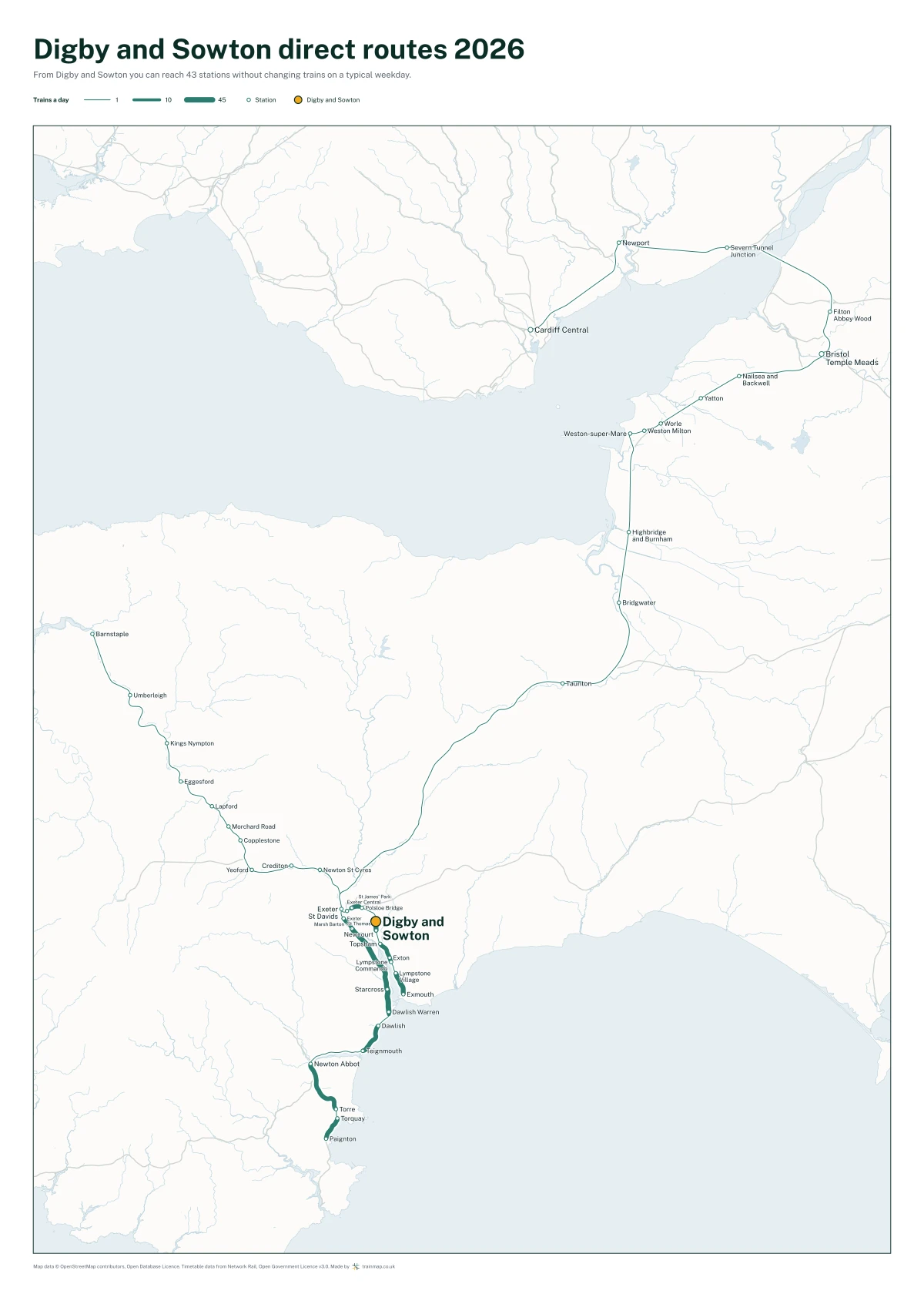 Digby and Sowton direct routes 2026: a map of every station you can reach from Digby and Sowton without changing trains, the lines thicker where more trains run