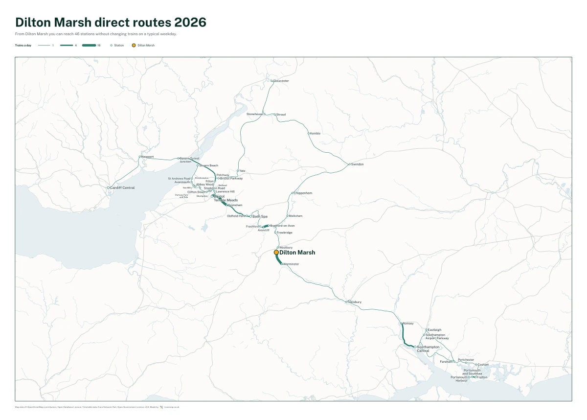 Dilton Marsh direct routes 2026: a map of every station you can reach from Dilton Marsh without changing trains, the lines thicker where more trains run