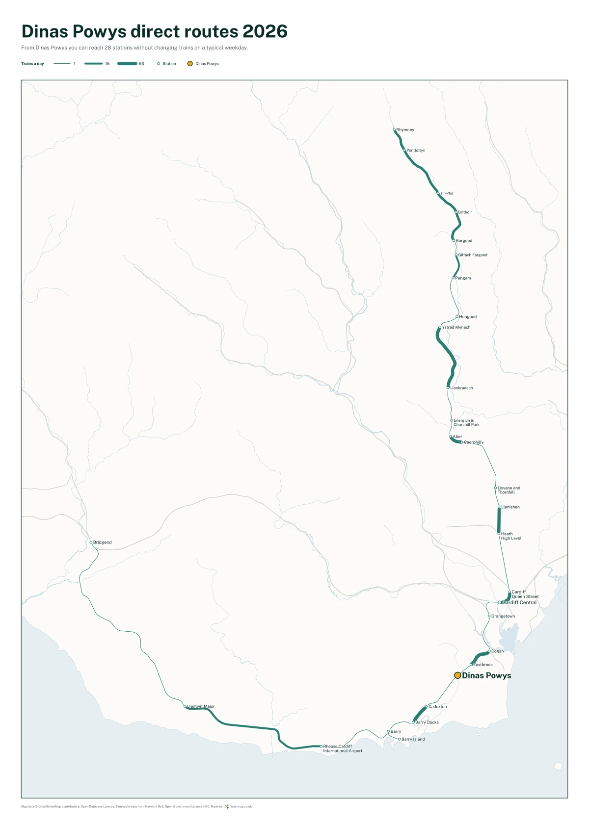 Dinas Powys direct routes 2026: a map of every station you can reach from Dinas Powys without changing trains, the lines thicker where more trains run