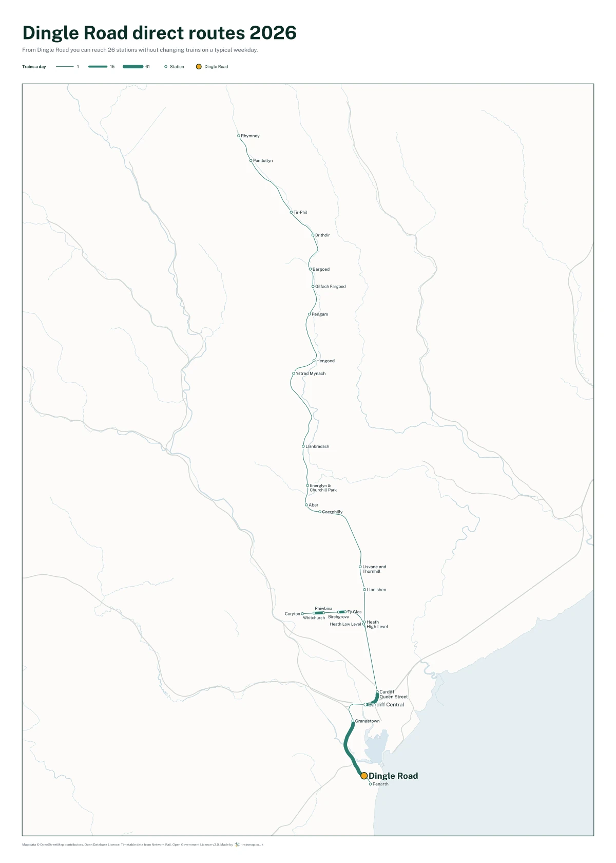 Dingle Road direct routes 2026: a map of every station you can reach from Dingle Road without changing trains, the lines thicker where more trains run