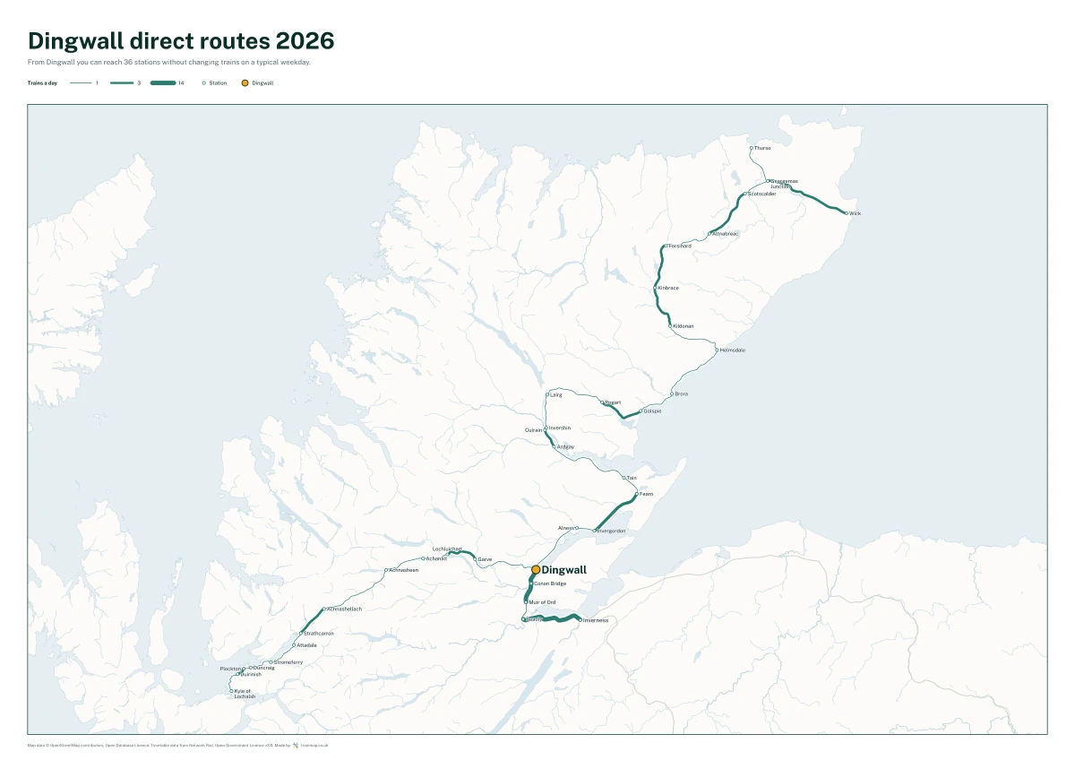 Dingwall direct routes 2026: a map of every station you can reach from Dingwall without changing trains, the lines thicker where more trains run