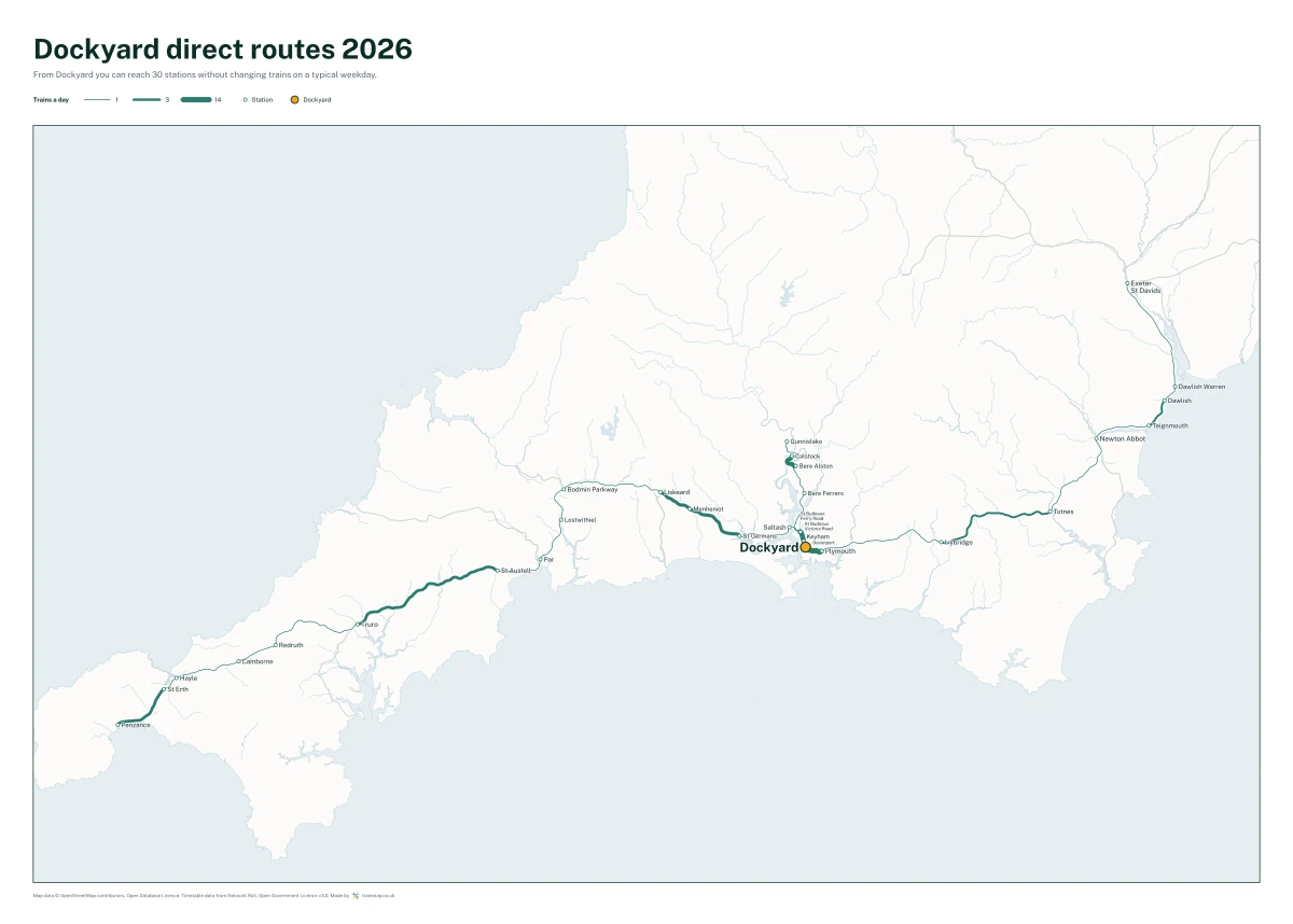 Dockyard direct routes 2026: a map of every station you can reach from Dockyard without changing trains, the lines thicker where more trains run