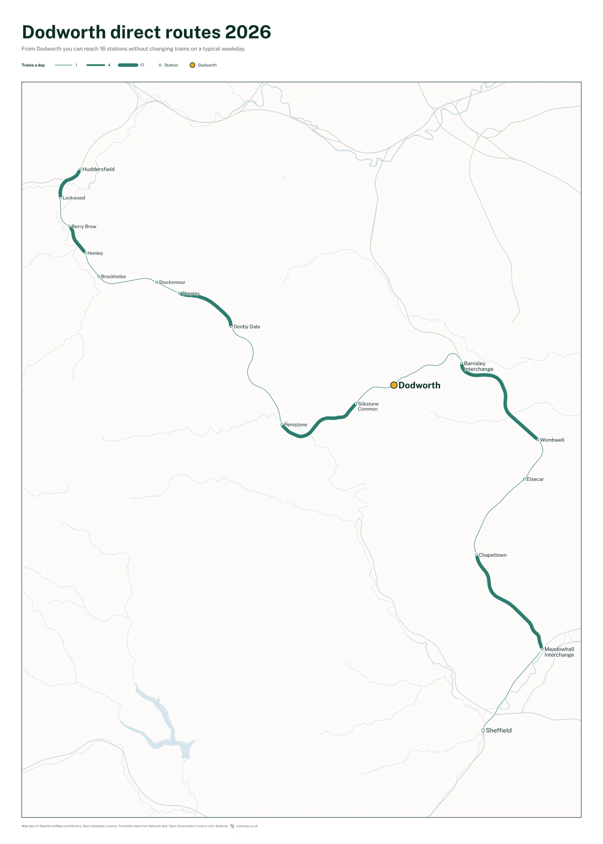 Dodworth direct routes 2026: a map of every station you can reach from Dodworth without changing trains, the lines thicker where more trains run