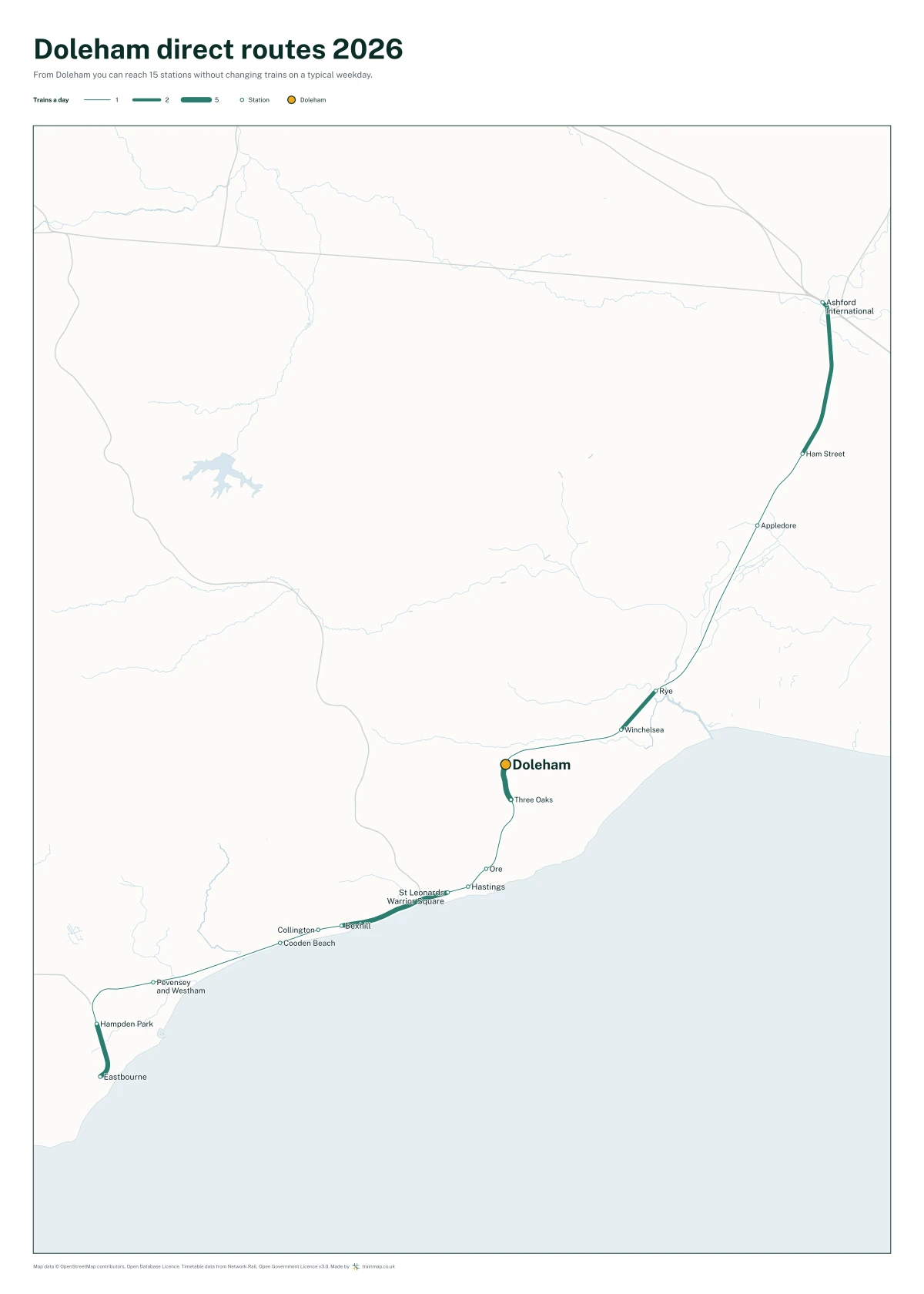 Doleham direct routes 2026: a map of every station you can reach from Doleham without changing trains, the lines thicker where more trains run