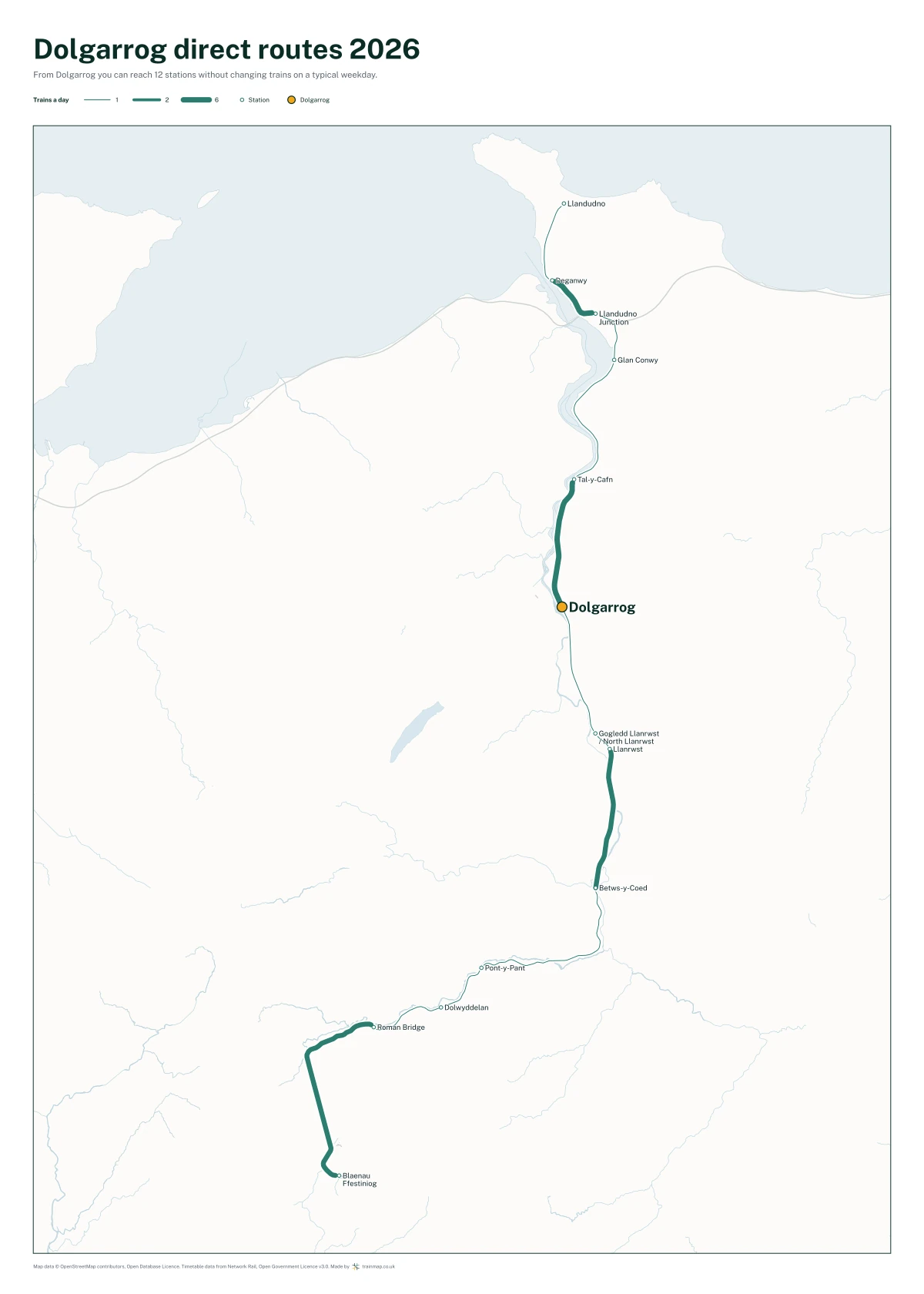 Dolgarrog direct routes 2026: a map of every station you can reach from Dolgarrog without changing trains, the lines thicker where more trains run