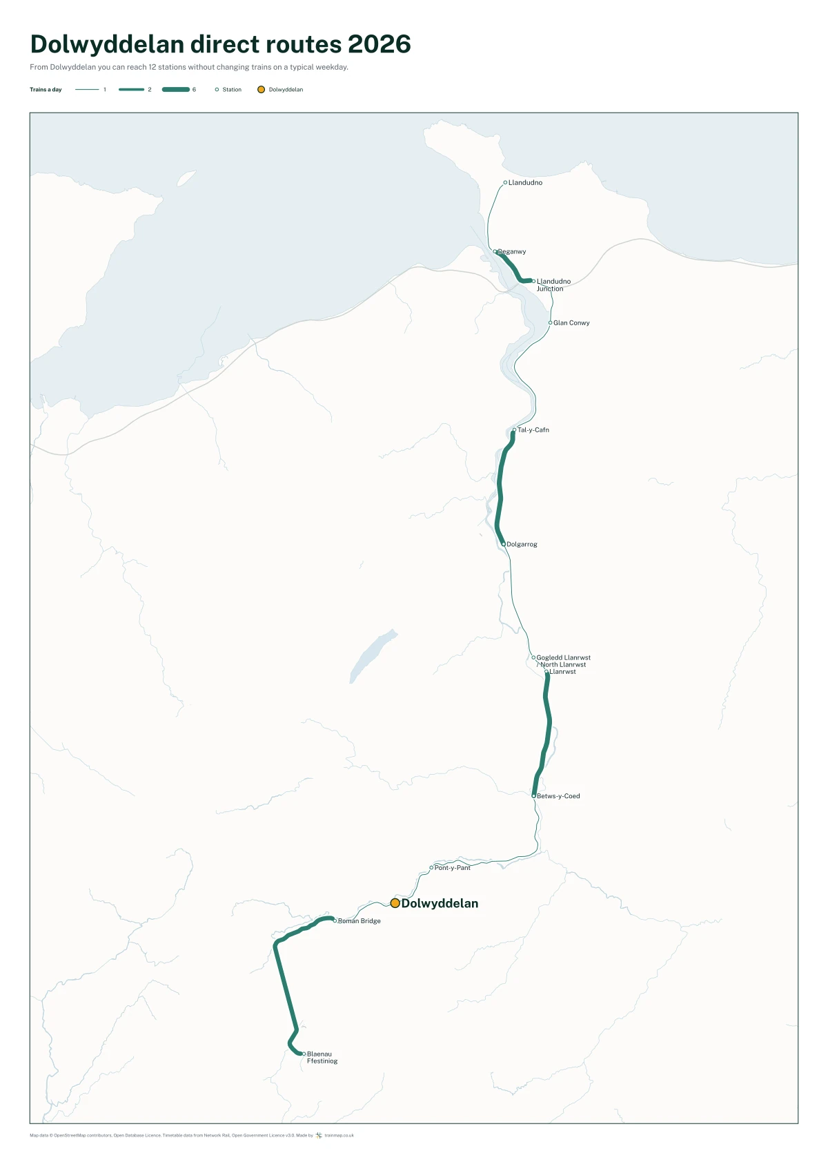 Dolwyddelan direct routes 2026: a map of every station you can reach from Dolwyddelan without changing trains, the lines thicker where more trains run