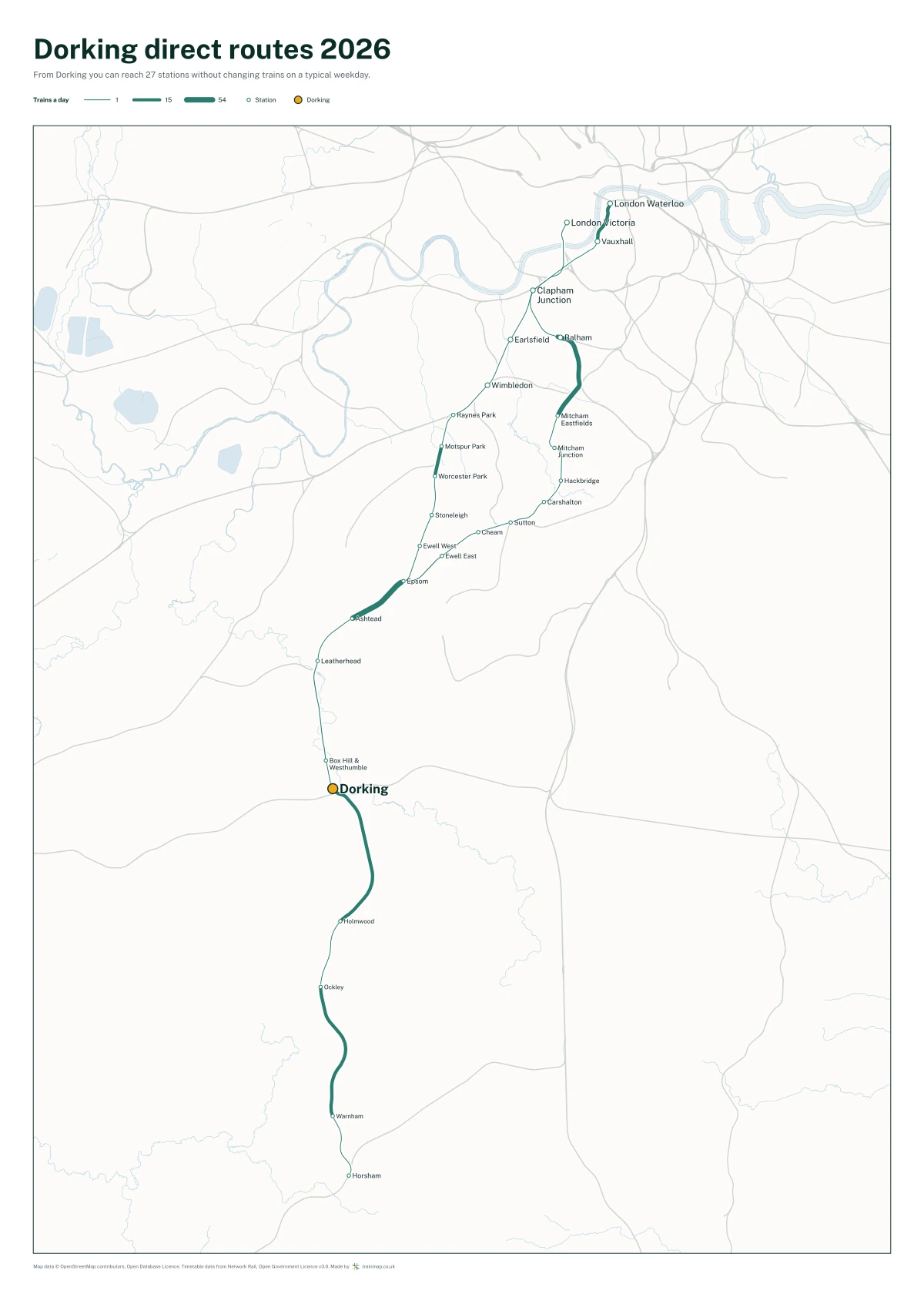 Dorking direct routes 2026: a map of every station you can reach from Dorking without changing trains, the lines thicker where more trains run